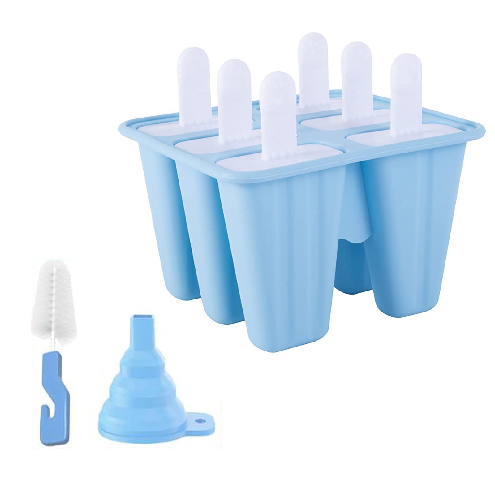**Reusable Silicone Popsicle Molds for Kids – 6 Cavity Ice Pop Maker with Easy Release, Silicone Funnel & Cleaning Brush (Blue) – Perfect for Homemade Ice Cream, Frozen Treats & Summer Snacks**