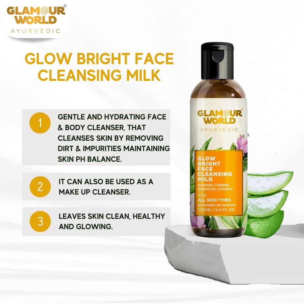 Glamour World Ayurvedic Glow Bright Face Cleansing Milk - Gentle Hydrating Face & Body Cleanser with Turmeric, Almond Oil, Honey & Lemon Oil | Makeup Remover | Perfect for Daily Skincare & Post-Makeup Cleansing