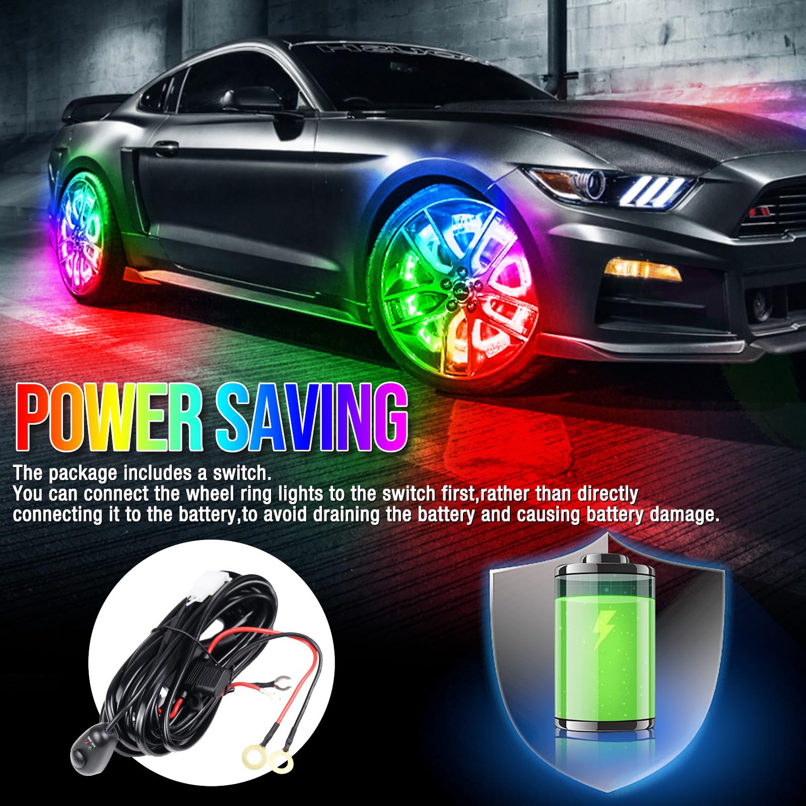 Adjustable 14-18 Inch 2-Rows RGBW LED Wheel Ring Lights with Switch - Color Changing Rim Lights for Trucks, Pickups, SUVs & Off-Road Vehicles (4 Wheels) - Perfect for Night Driving, Car Shows & Off-Road Adventures