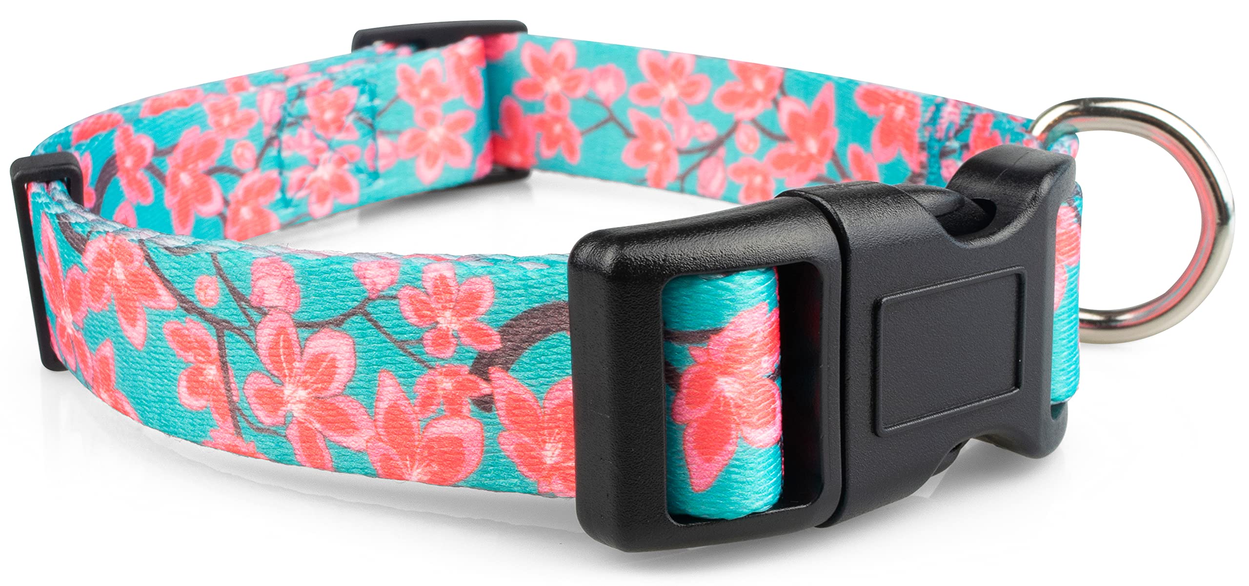 Limeloot Teal Cherry Blossom Dog Collar - Small Size Adjustable Pet Collar for Small Dogs, Perfect for Daily Walks & Outdoor Adventures