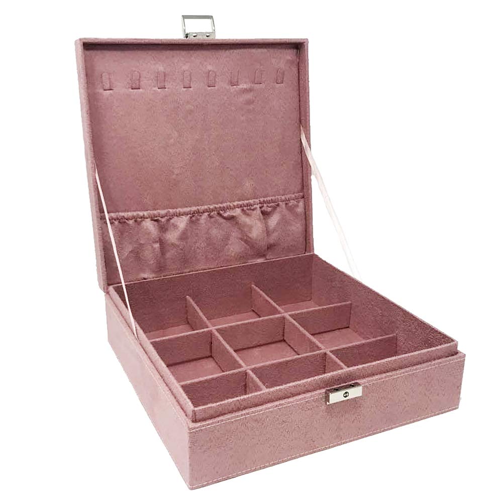 Magik Two-Layer Velvet Jewelry Box Organizer with Lock - Extra Large (10.23''x10.23''x3.15'') Pink - Perfect for Necklace, Ring & Earring Storage | Great for Travel, Gift & Home Decor