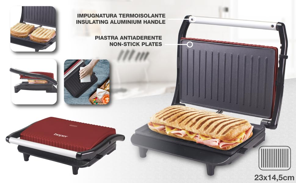BEPER P101TOS002 850W Electric Panini Press & Sandwich Maker with Non-Stick Plates, Heat-Resistant Handle, Red - Perfect for Home, Office, and Restaurant Use