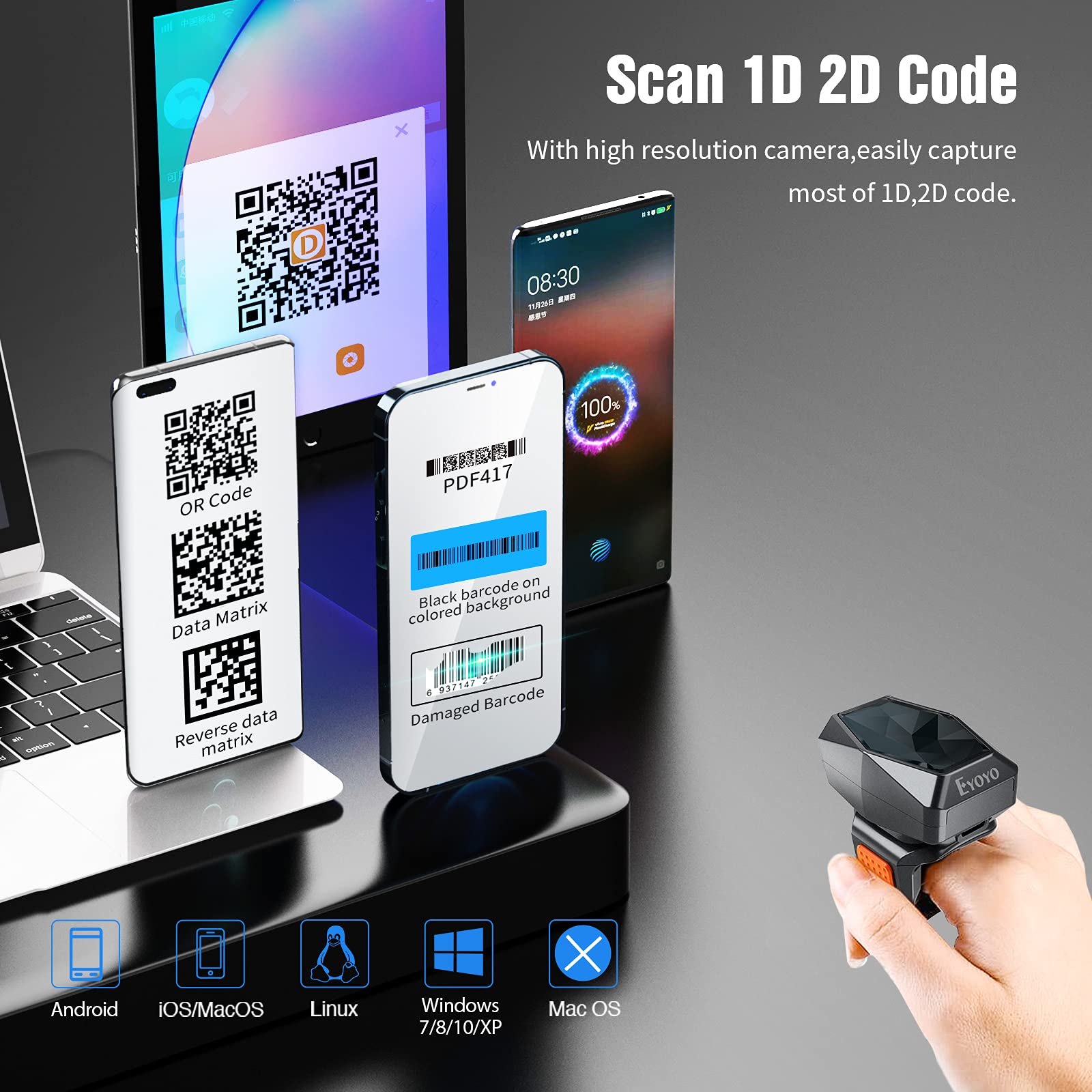 Eyoyo 2D Bluetooth Ring Barcode Scanner - Wireless Wearable Finger Scanner for Left/Right Hand, 1D QR PDF417 Data Matrix Reader Compatible with iPhone Android Windows Mac - Perfect for Retail Warehouses & Inventory Management