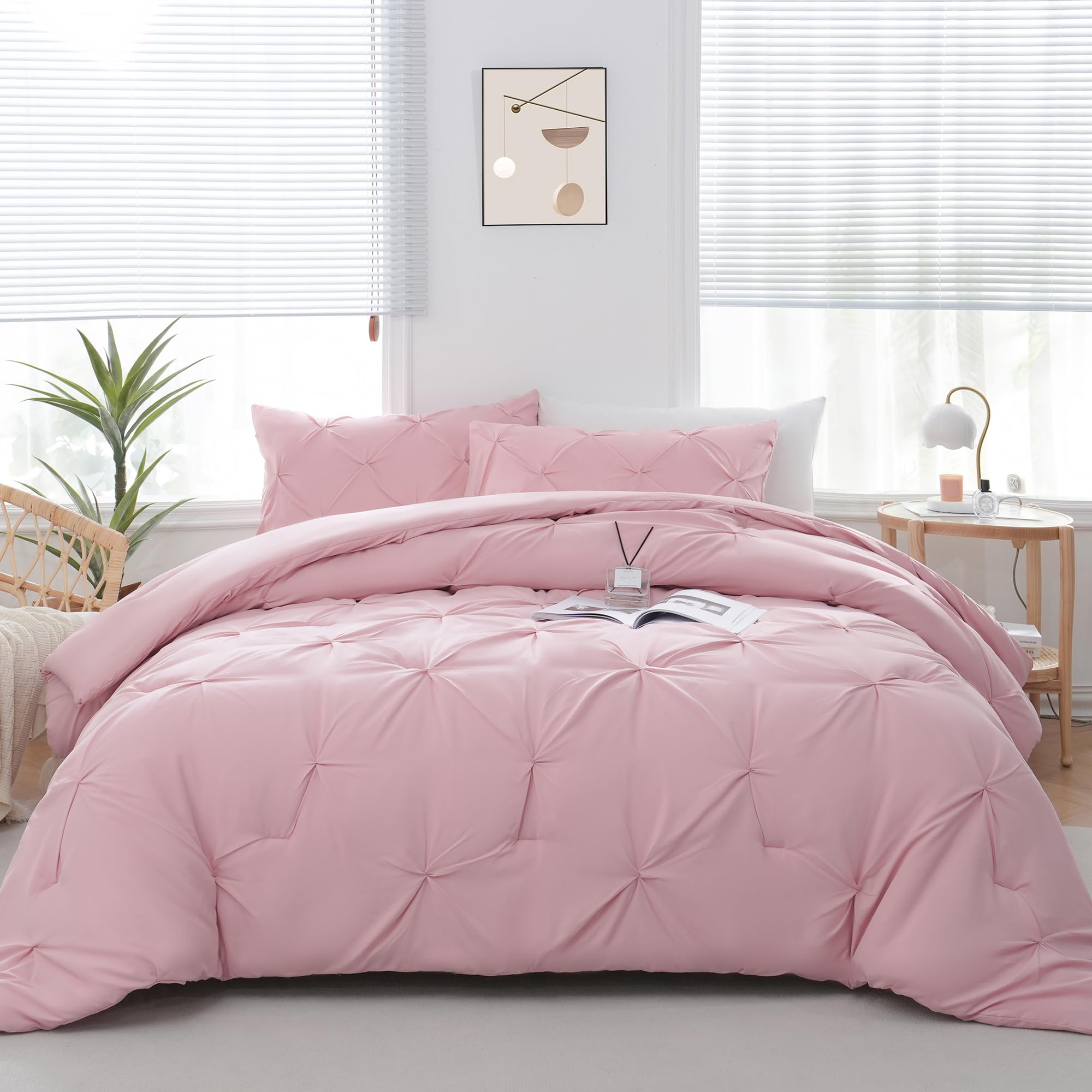 DOWNCOOL Queen Comforter Set - 3 Piece Pink Pinch Pleat Bedding Set, Soft Fluffy Pintuck Comforter with 2 Pillowcases, All Season Queen Size Bed Set for Cozy Bedroom Decor & Guest Room Styling