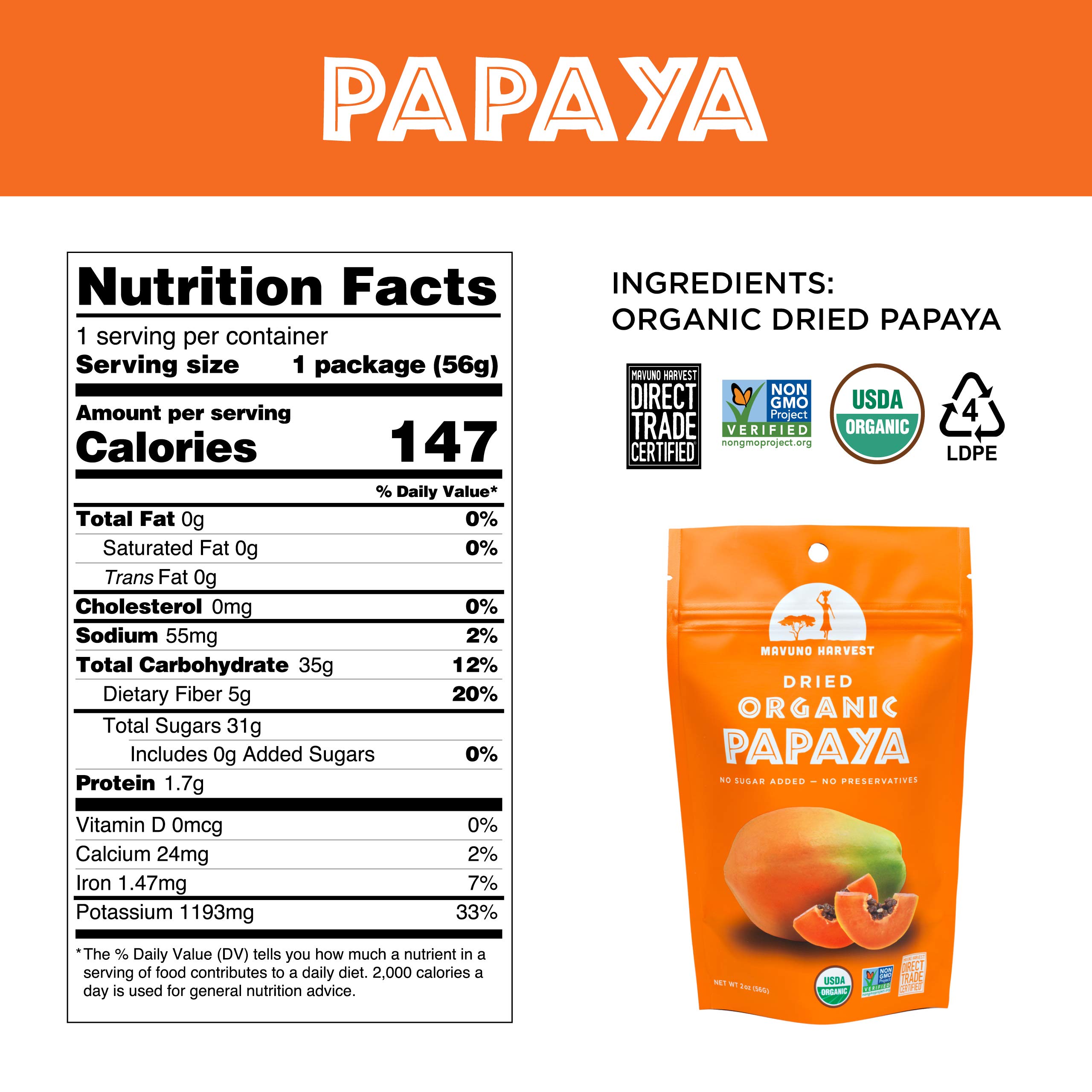 Organic Dried Papaya Slices by Mavuno Harvest | Gluten-Free, Vegan, Non-GMO Healthy Snacks | No Sugar Added Dried Fruit for Kids & Adults | 2oz Pack of 3 | Perfect for Lunchboxes, Hiking & On-the-Go Snacking