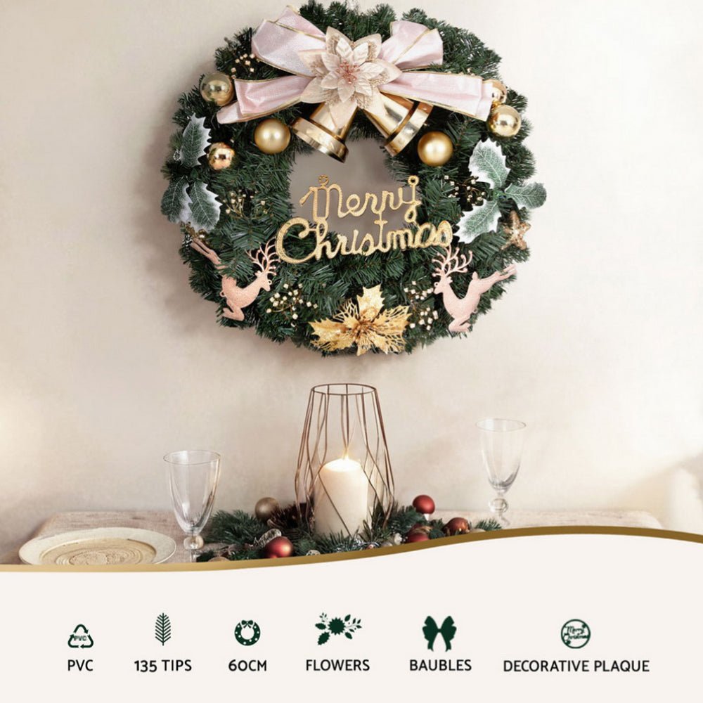 60CM Christmas Wreath with Garland Flowers & Baubles - Holiday Party Decorations for Front Door, Fireplace Mantel & Wall Decor