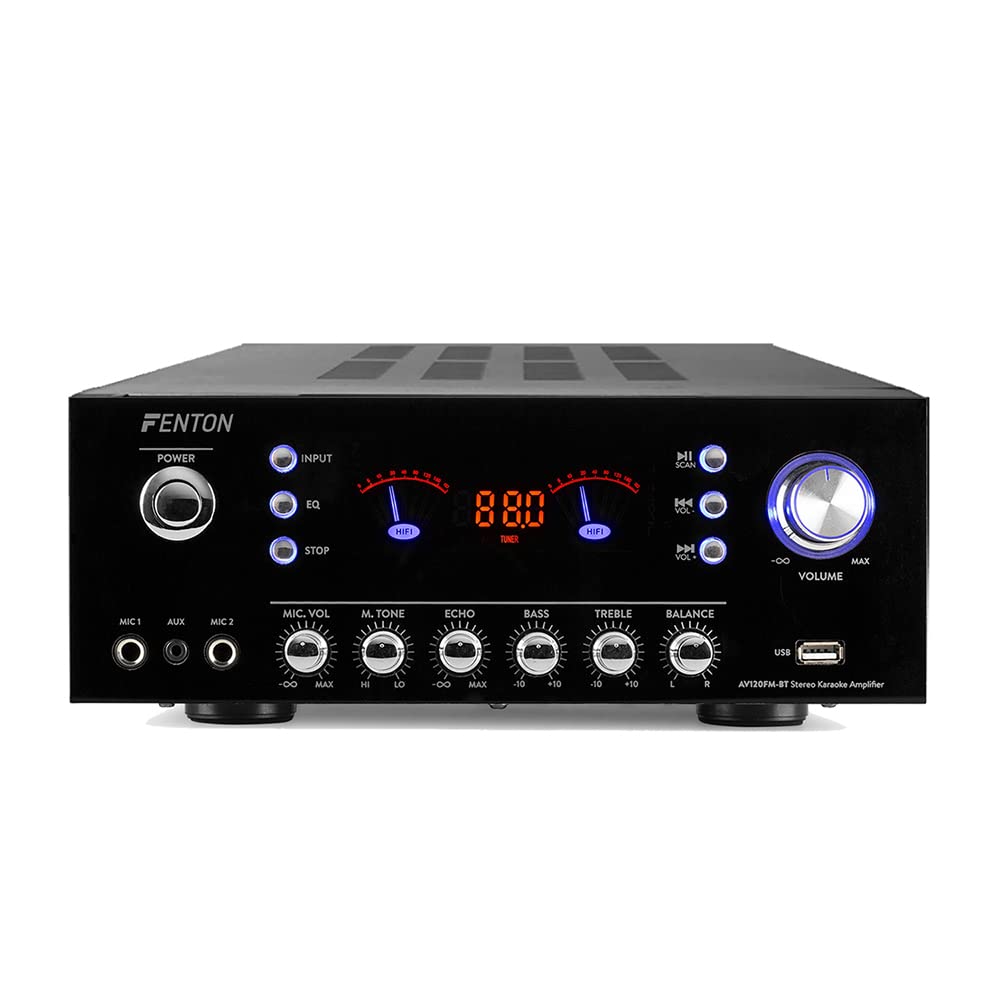 Skytec Black Bookshelf Stereo Speakers & Fenton AV120FM-BT Bluetooth Amplifier Set - Wireless HiFi Audio System with Wall Mount, USB, AUX, FM Radio | Perfect for Home Theater, Gaming & Music Listening