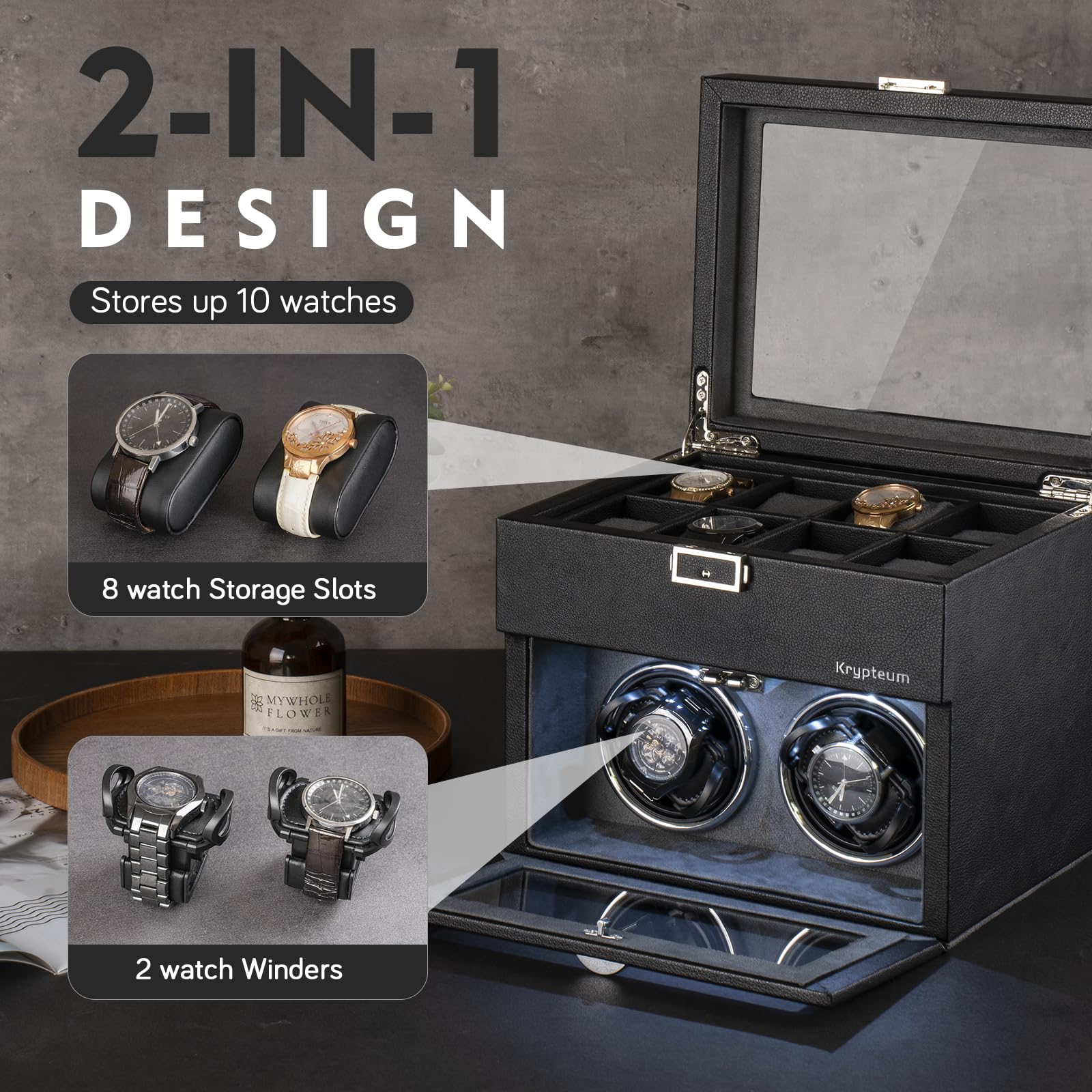 Premium Automatic Double Watch Winder with 8 Storage Compartments - Japanese Silent Motor, LED Display & Adjustable Watch Pillows - Perfect for Watch Collectors & Jewelry Organization (Home/Office Use)
