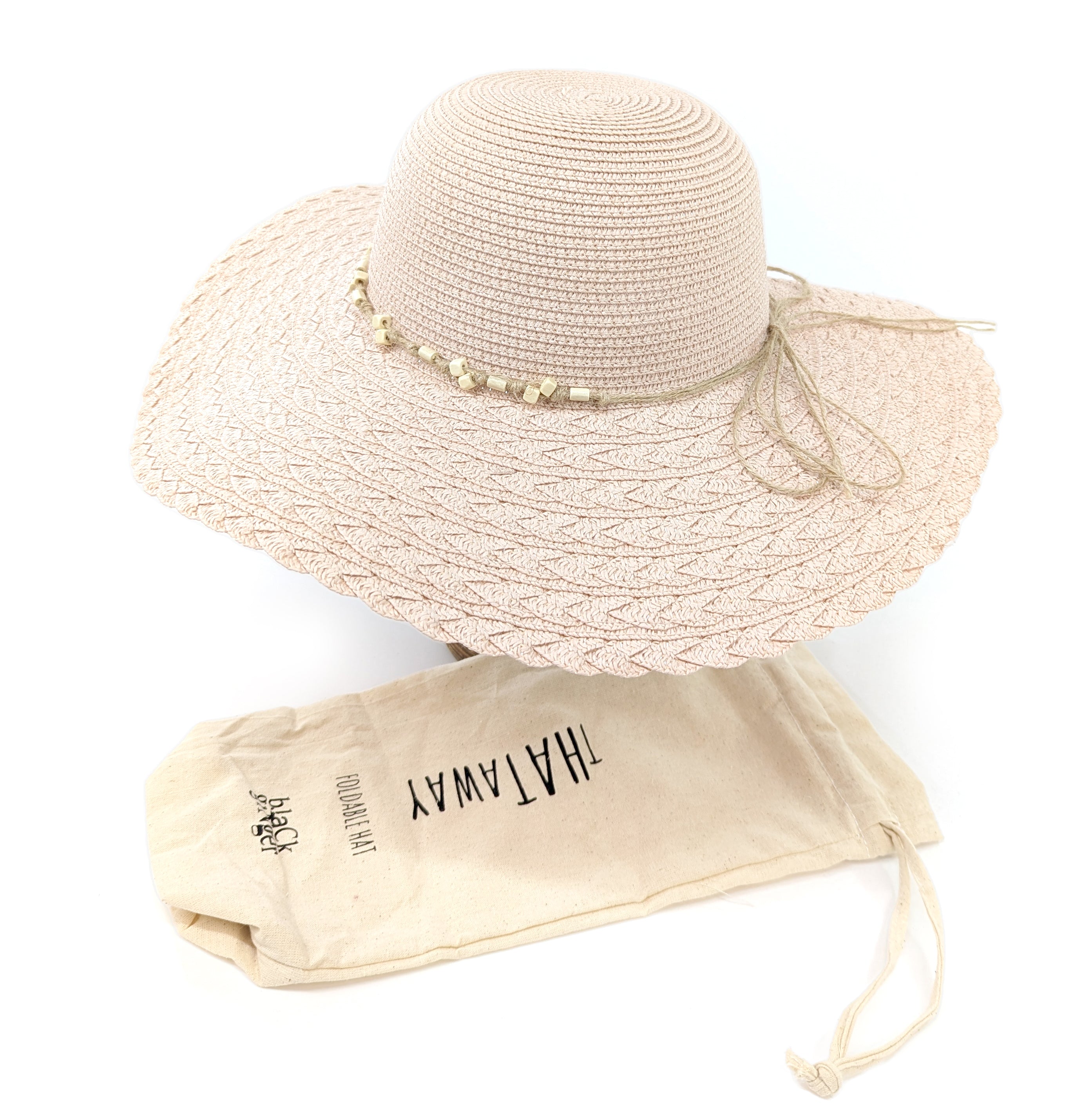 Foldable Wide Brim Sun Hat with Pink Beaded Band (57cm) - UPF 50+ UV Protection for Women, Travel, Beach & Outdoor Activities