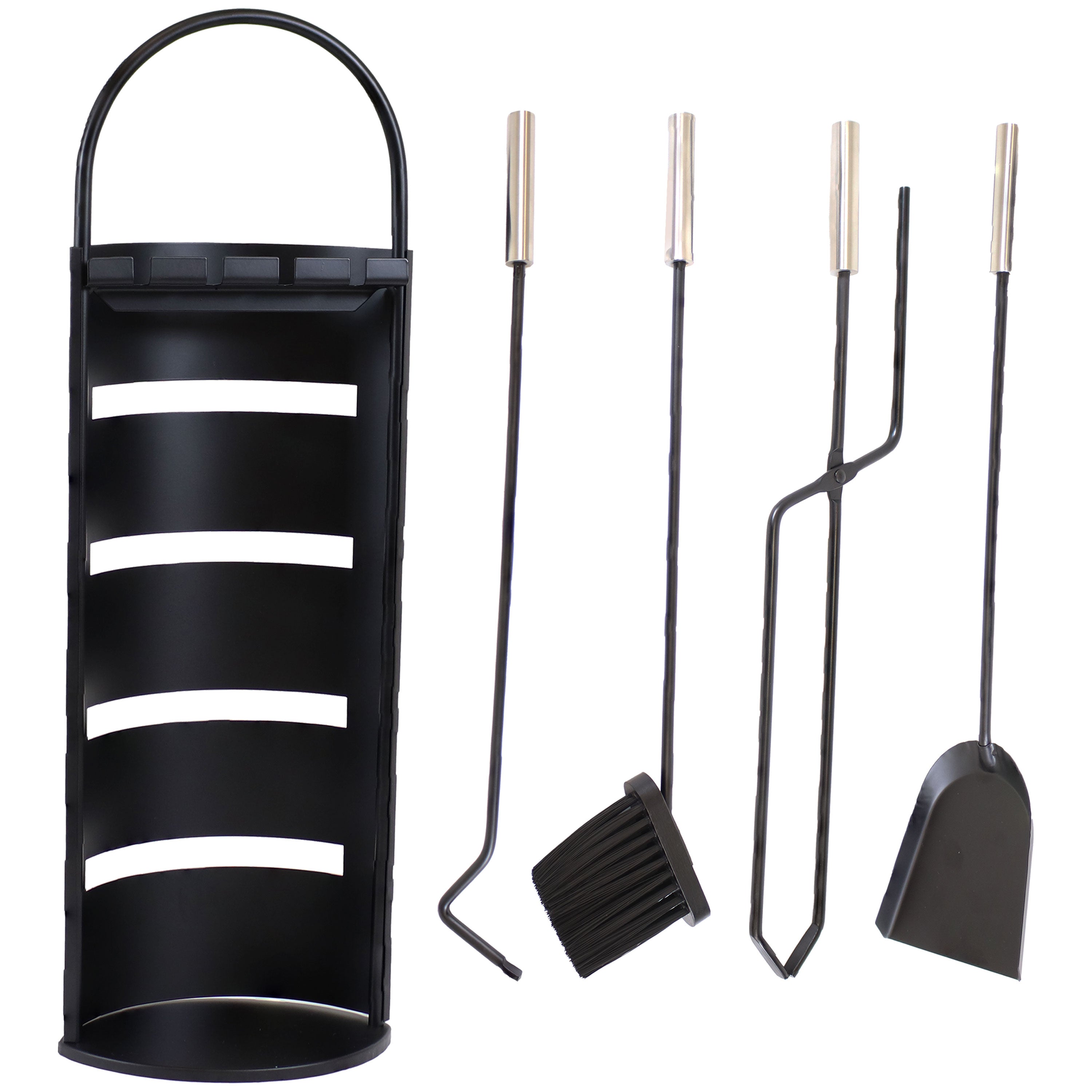 Sunnydaze 4-Piece Fireplace Tool Set with Slotted Shroud Holder - Heavy Duty Steel Fireplace Accessories for Wood Burning Stoves & Fire Pits - Perfect for Indoor & Outdoor Use