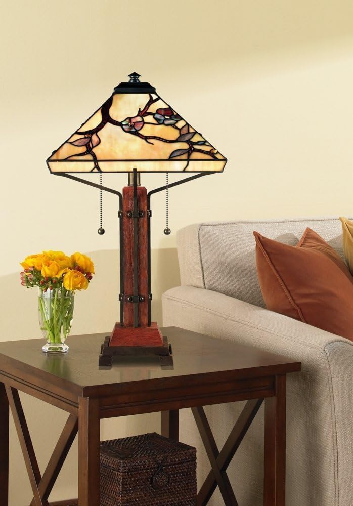 Quoizel Grove Park 2-Light Handcrafted Art Glass Table Lamp with Wood Base & Iron Accents - Vintage Style Desk Lamp for Bedroom, Living Room, Office - Soft Ambient Lighting for Reading & Relaxation