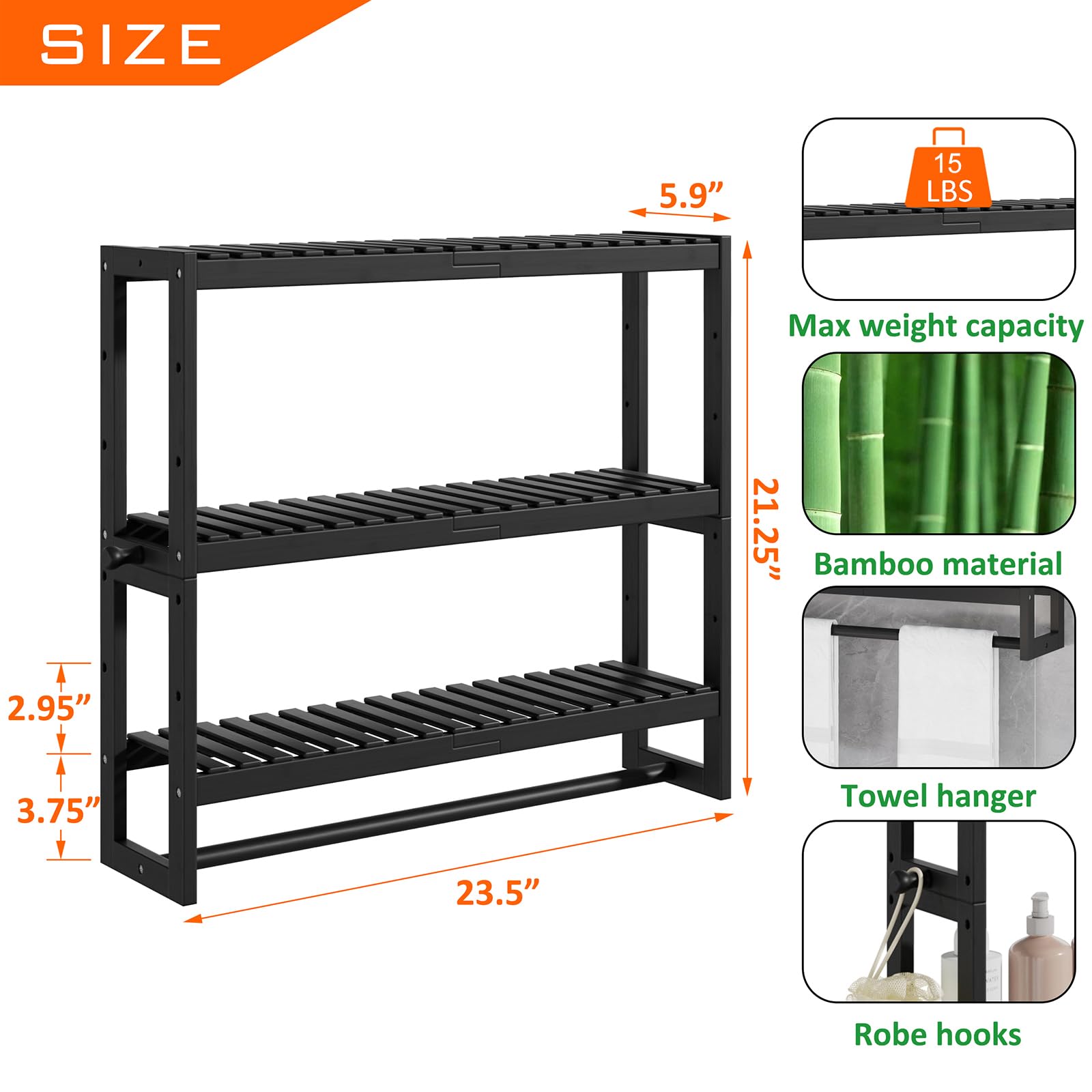 RRX 3-Tier Adjustable Bamboo Bathroom Shelf Organizer - Over Toilet Storage Shelf with Hanging Bar, Freestanding Design for Bathroom Organization (Black) - Perfect for Small Bathrooms, Apartments & Space-Saving Storage Solutions