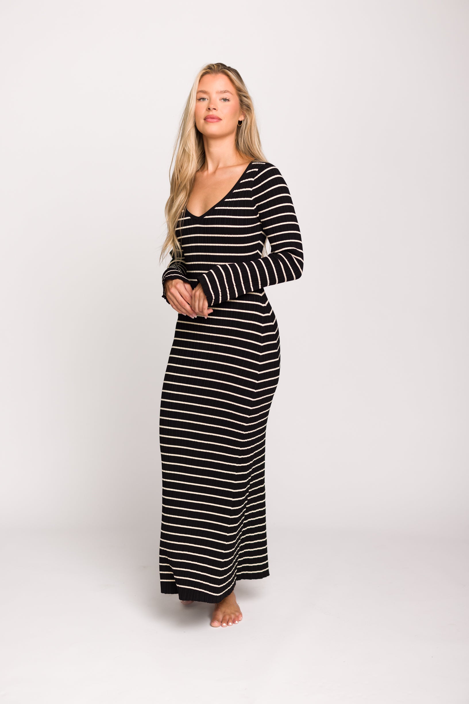 Keaton Knit Maxi Dress - V Neckline Black & Cream Striped Flowy Dress for Women | Perfect for Summer Beach Vacations, Date Nights & Casual Outings