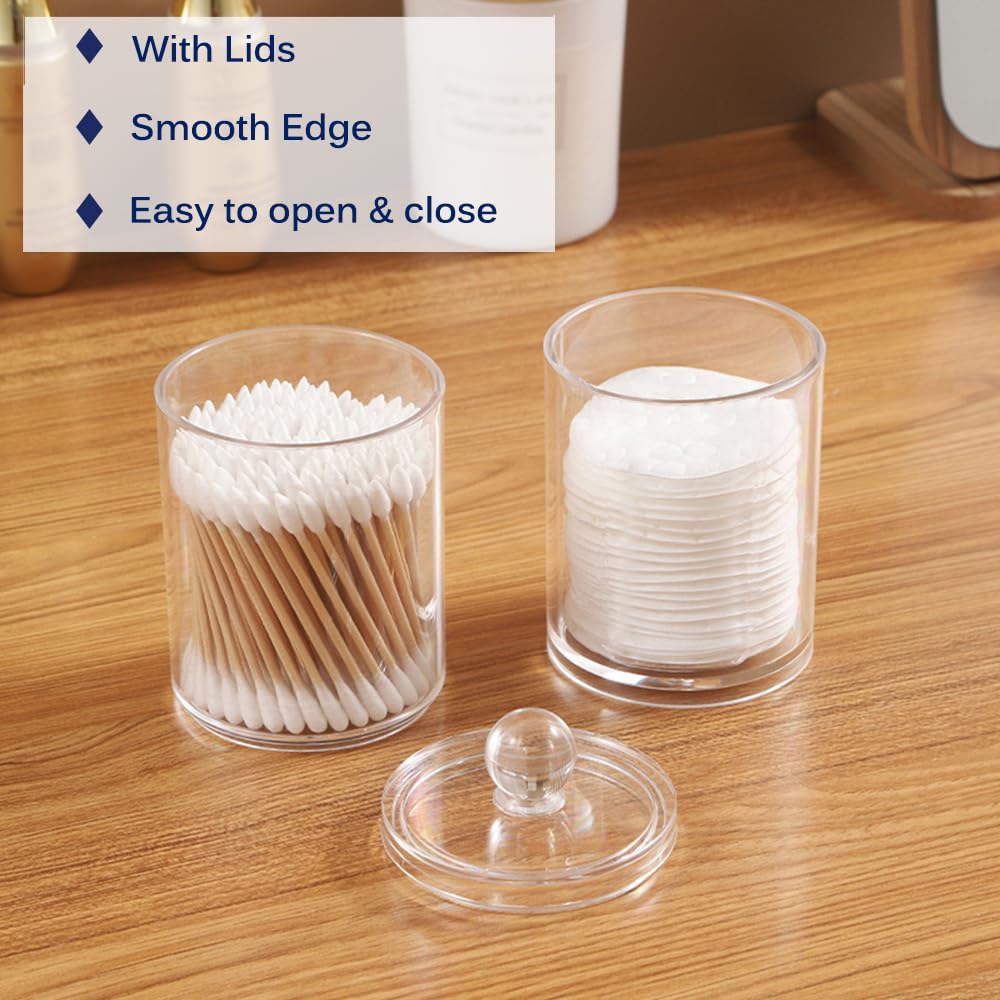 10 oz Clear Plastic Apothecary Jar Set - Q-Tip Holder & Cotton Ball Dispenser for Bathroom Storage | Vanity Organizer for Swabs & Round Pads | Perfect for Makeup Counter, Spa, and Salon Organization