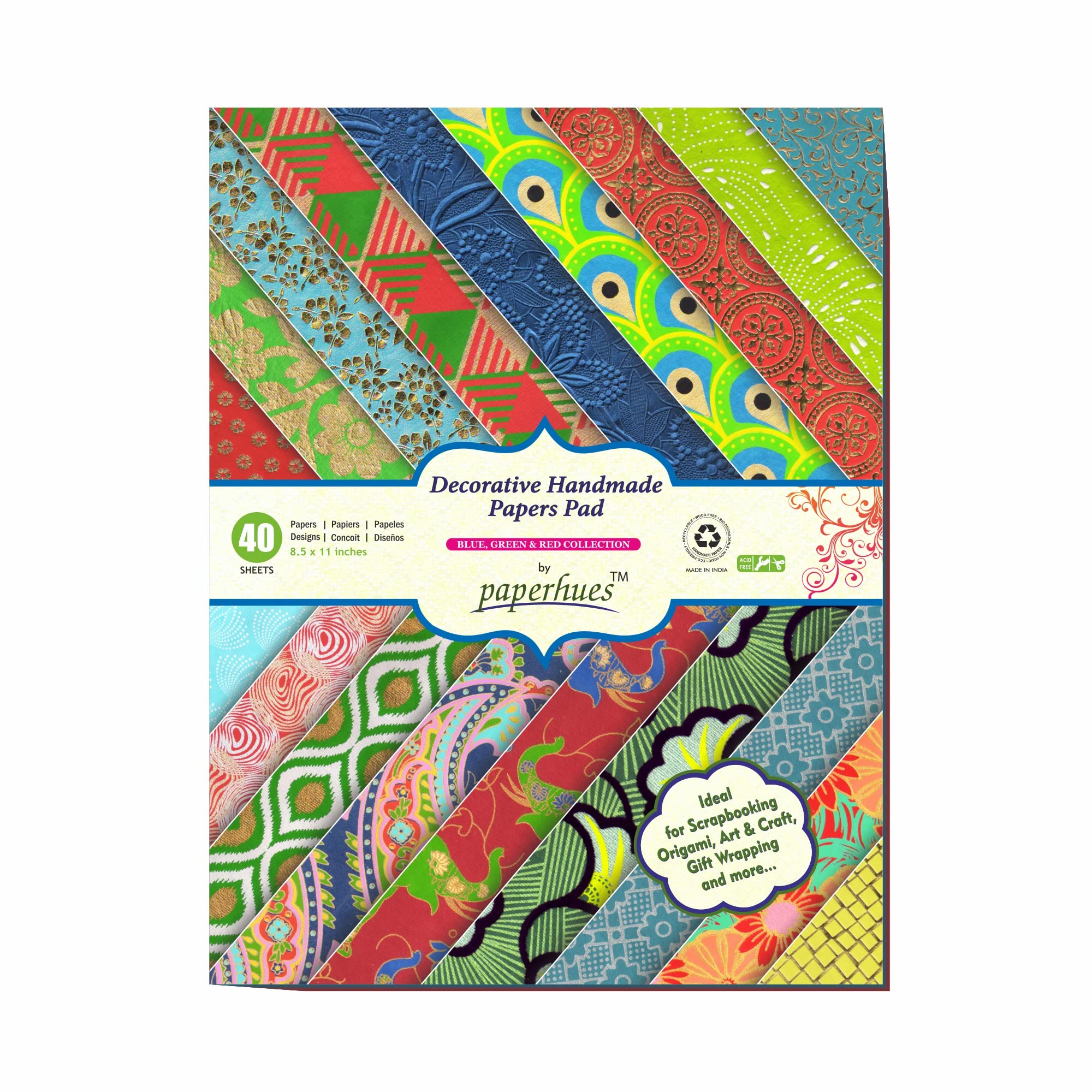Handmade Blue-Green-Red Celebration Scrapbook Paper Pad 8.5x11 Inches - 40 Sheets Premium Craft Paper for DIY Cards, Scrapbooking & Gift Wrapping | Acid-Free Decorative Paper for Artists & Crafters