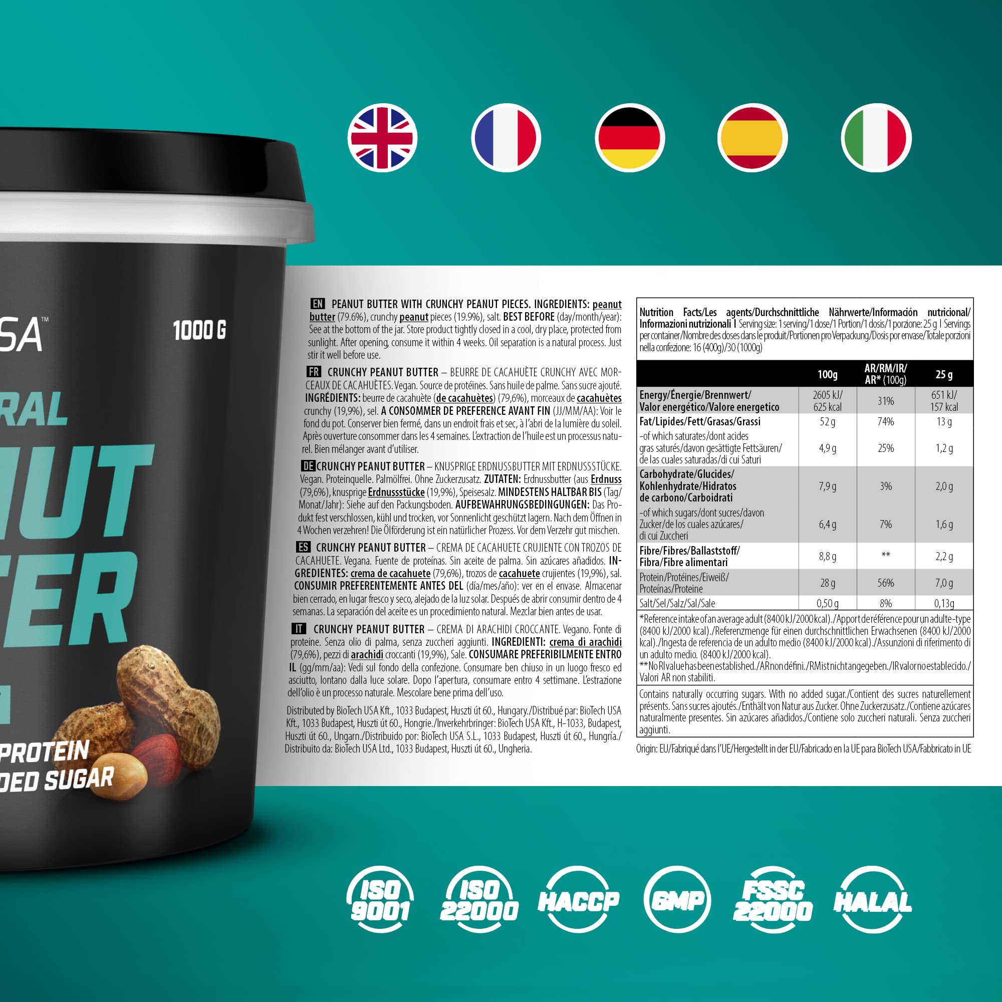 BioTechUSA Crunchy Peanut Butter 1000g - High Protein, Natural Ingredients for Fitness & Healthy Snacking | Perfect for Smoothies, Toast & Post-Workout Recovery