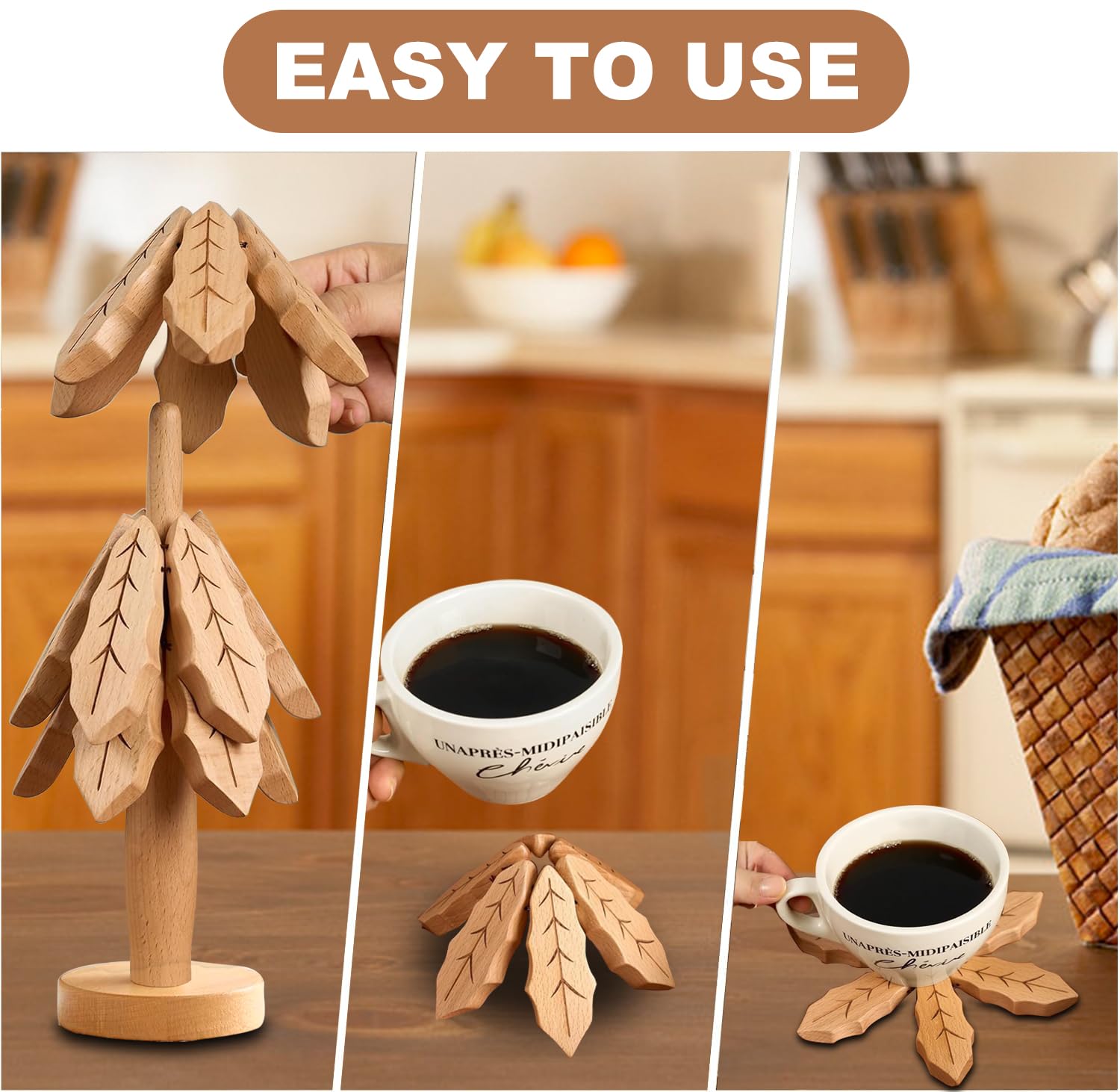 Premium Wooden Trivet Set for Hot Pots & Pans - 3-Layer Heat-Resistant Tree Design with Stand - Perfect for Dining Table, Kitchen Counter & Outdoor BBQ Protection