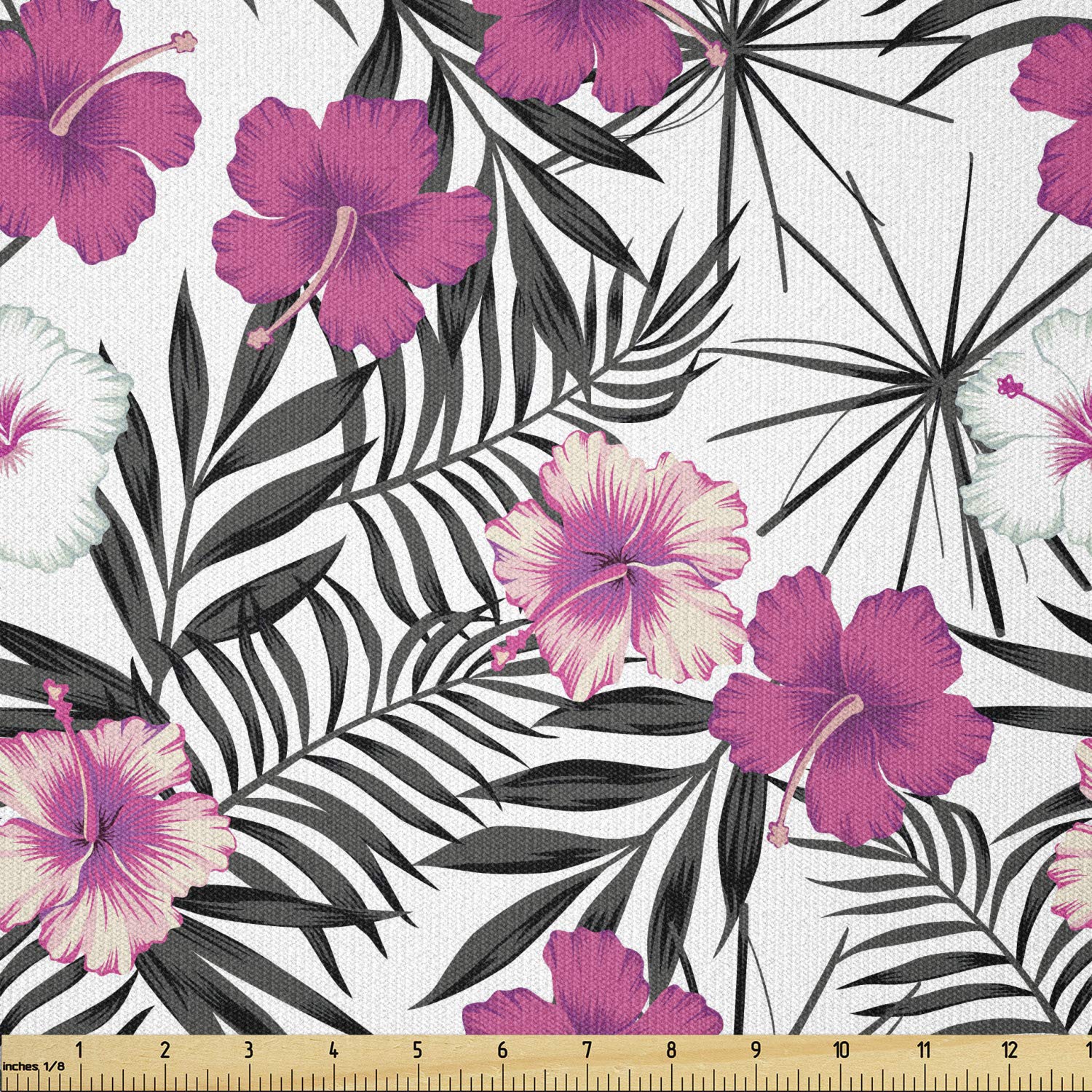 Ambesonne Tropical Stretch Knit Fabric - Pink & White Hibiscus Flowers on Monochromatic Leaf Background, 5 Yards, Charcoal Grey | Perfect for DIY Clothing, Dresses, Skirts & Arts & Crafts Projects