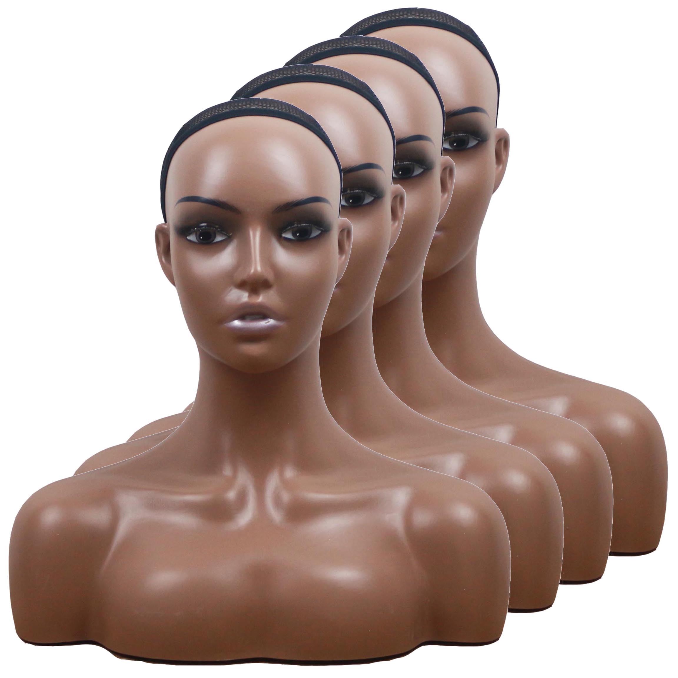 4pcs Realistic Mannequin Head with Shoulders - Dark Brown Display Bust with Silver Lips & Visible Teeth - Perfect for Wig, Hat, Scarf, Jewelry & Makeup Display - Salon, Store & Photography Prop