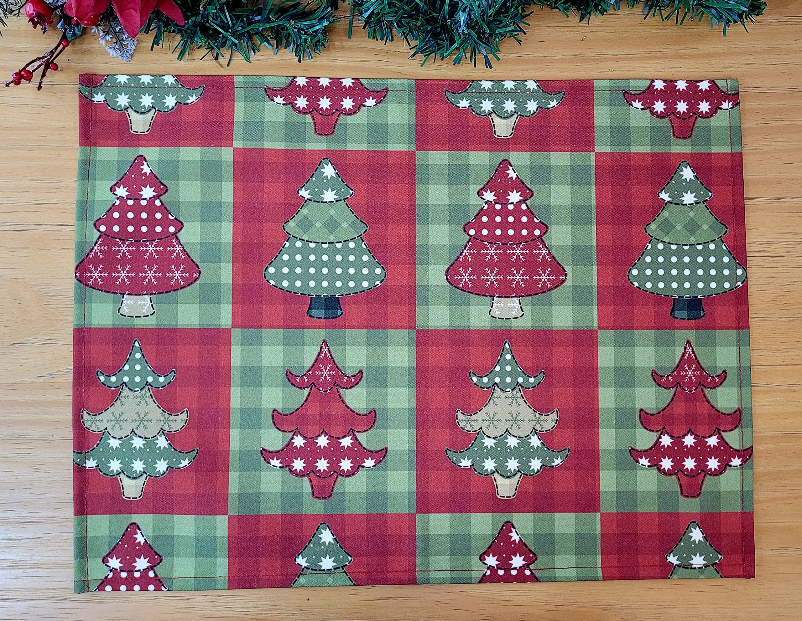Maison Charlo 4-Pack Christmas Tree Patchwork Placemats - 17x13 Inch Waterproof Polyester Table Mats for Dining & Kitchen - Washable Heat-Resistant Holiday Decor (Red) | Perfect for Christmas Parties, Family Dinners & Festive Home Decor