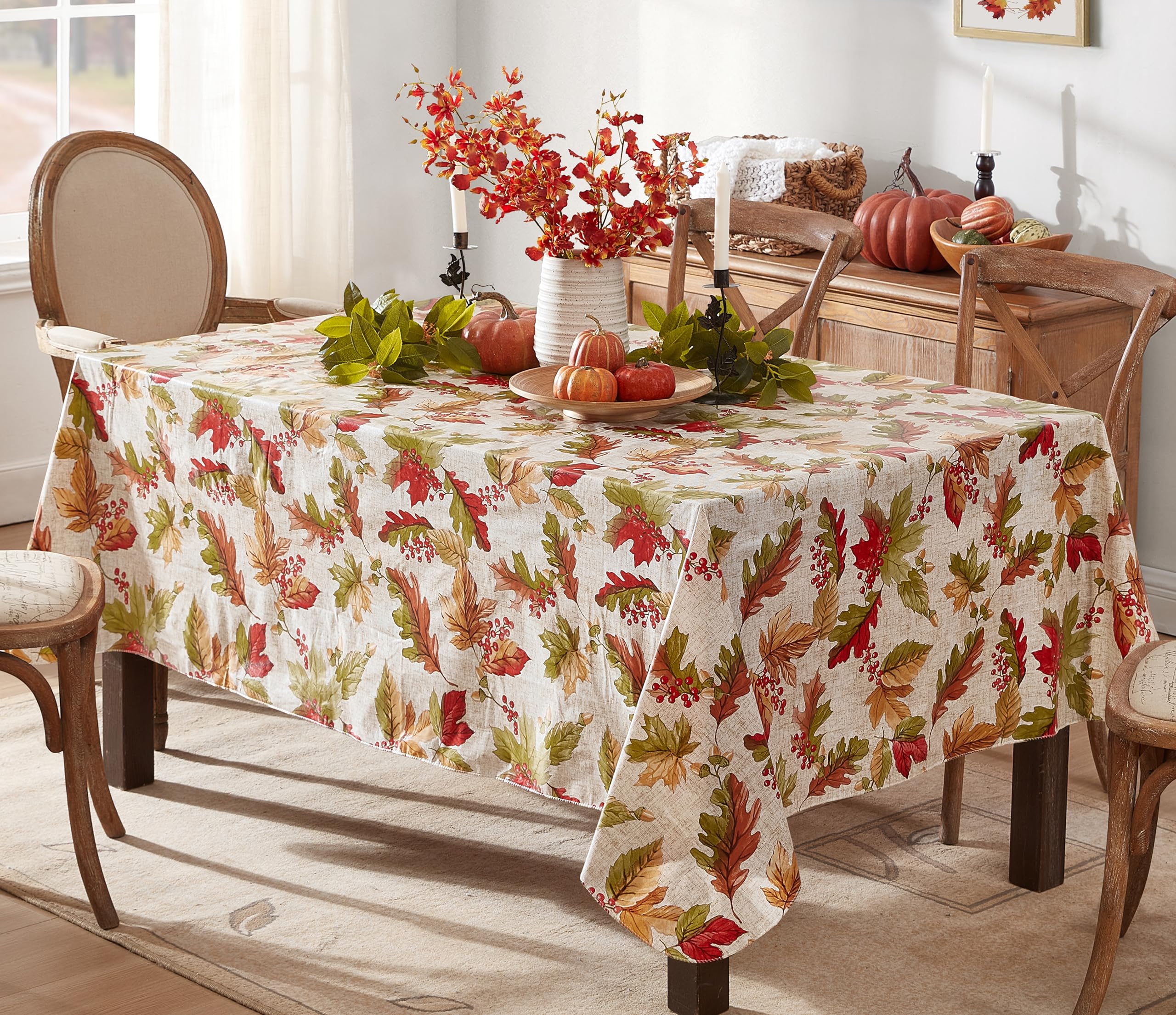 Newbridge Rustic Fall Acorn & Leaf Print Vinyl Flannel-Backed Tablecloth 60x120 Inch - Waterproof Autumn Thanksgiving Table Cover for Dining Room, Kitchen Decor & Seasonal Home Decoration | Perfect for Holiday Gatherings, Family Dinners & Cozy Fall Entertaining
