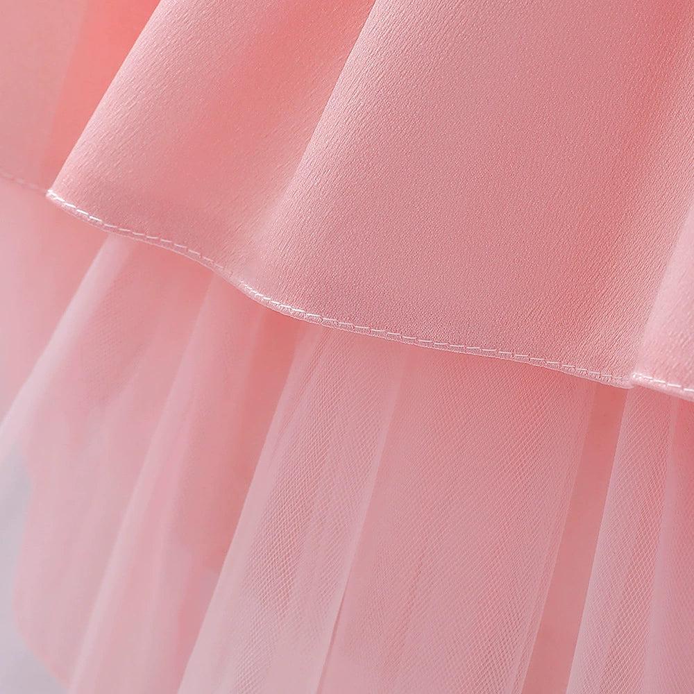 Pink Princess Round Tea Length Satin Flower Girl Dress for Weddings, Birthday Parties & Special Occasions