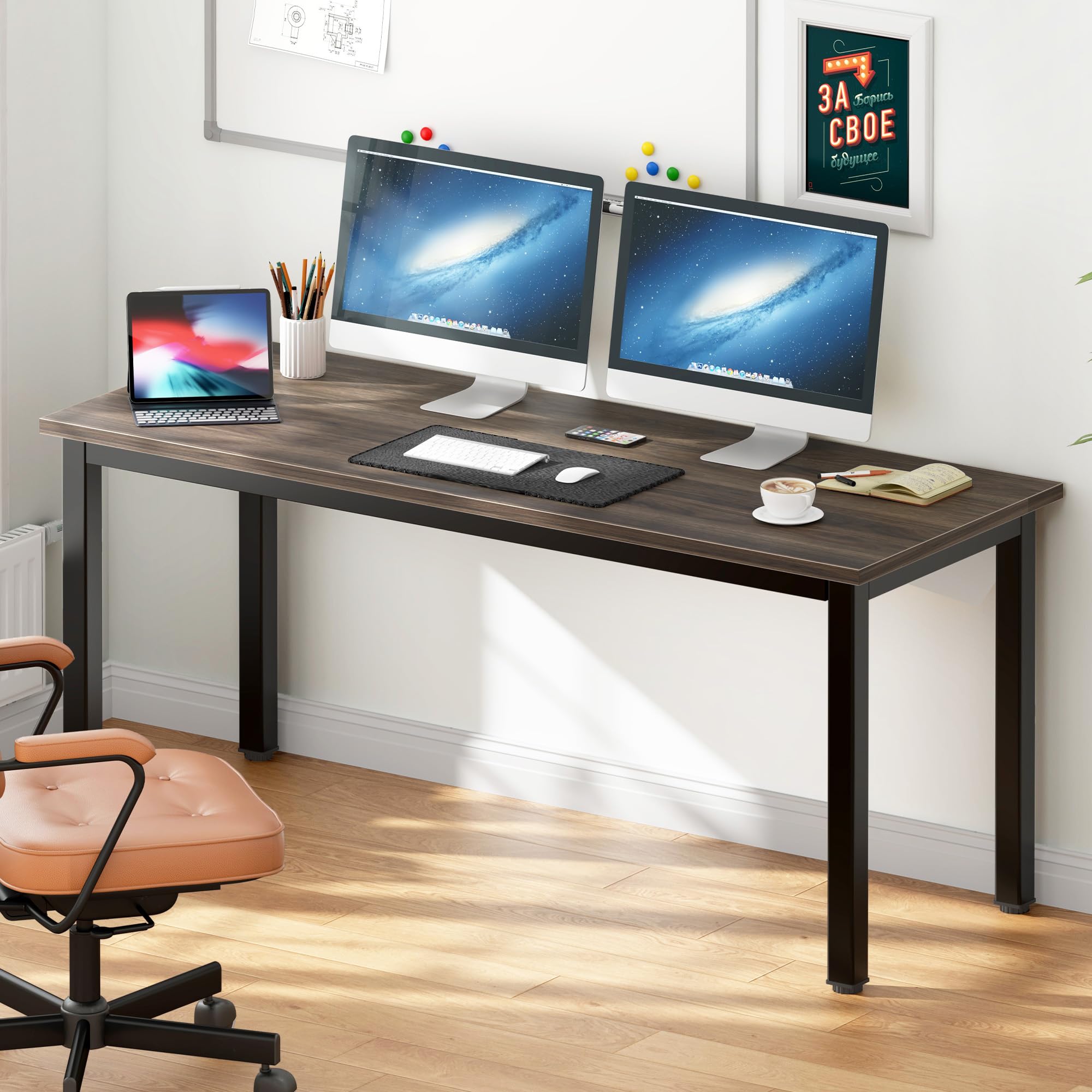 DlandHome 63 Inch Walnut Computer Desk - Home Office Desk, Writing Desk, Study Table, Gaming Desk & Workstation for Small Spaces | Perfect for Remote Work, Online Classes & Gaming Setup