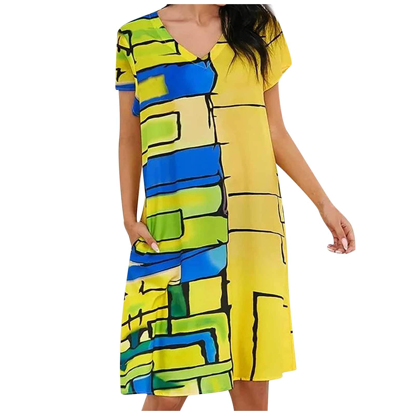Women's Summer Casual T-Shirt Dress - Short Sleeve Boho Beach Dress with Abstract Painting Design | Perfect for Beach Vacations, Weekend Outings & Summer Parties