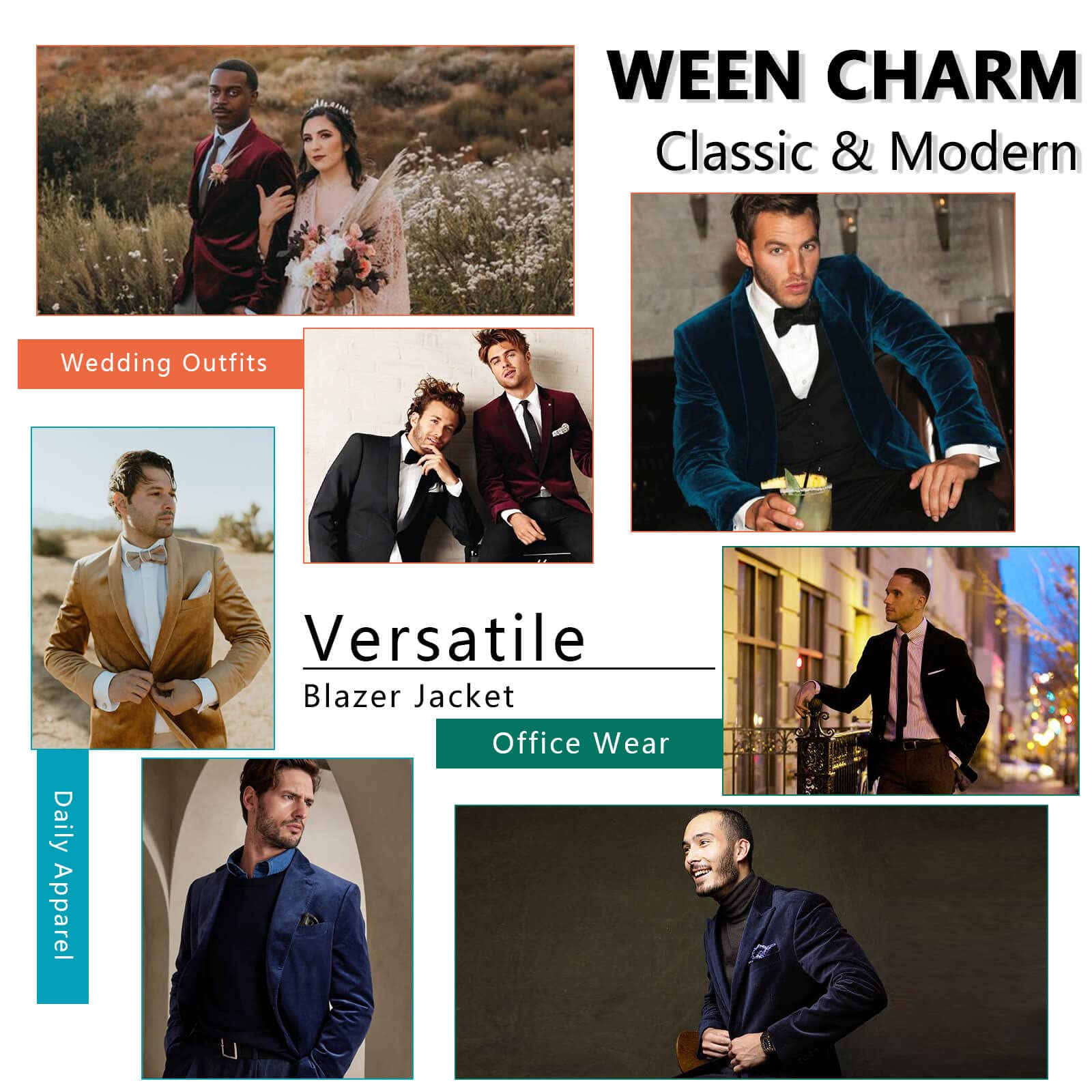WEEN CHARM Men's Slim Fit Velvet Blazer Tuxedo Jacket - Formal Dinner Suit & Sport Coat for Weddings, Parties & Business Events