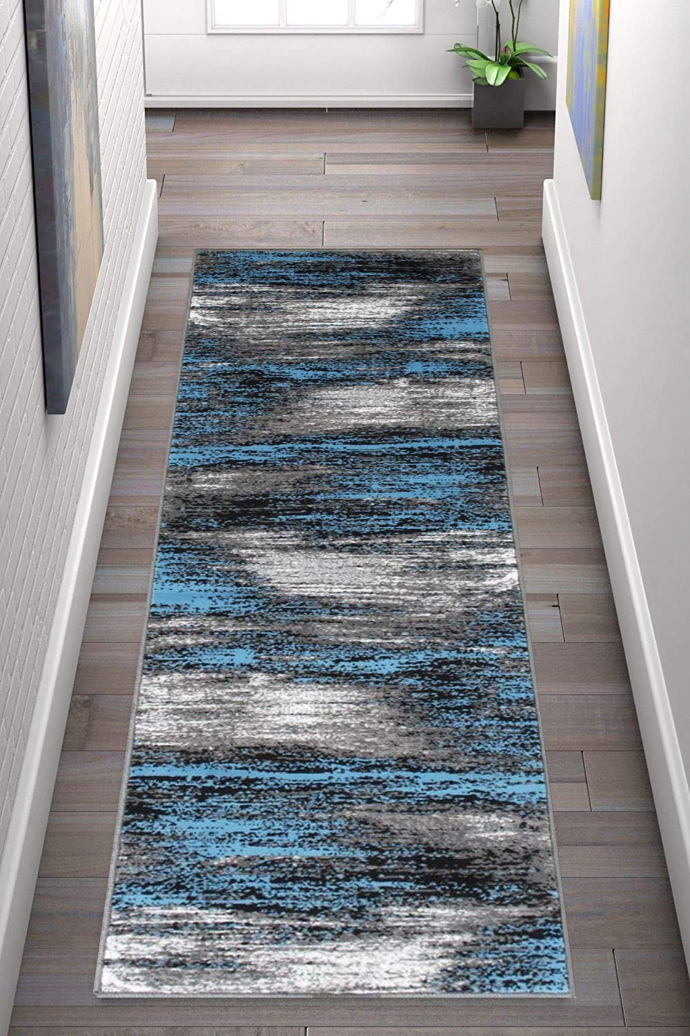 Modern Abstract Painting Art Brush Stripes Lines Soft Plush Area Rug - Blue Turquoise Grey Black - 2'x7' Runner - Perfect for Hallway, Living Room & Bedroom Decor