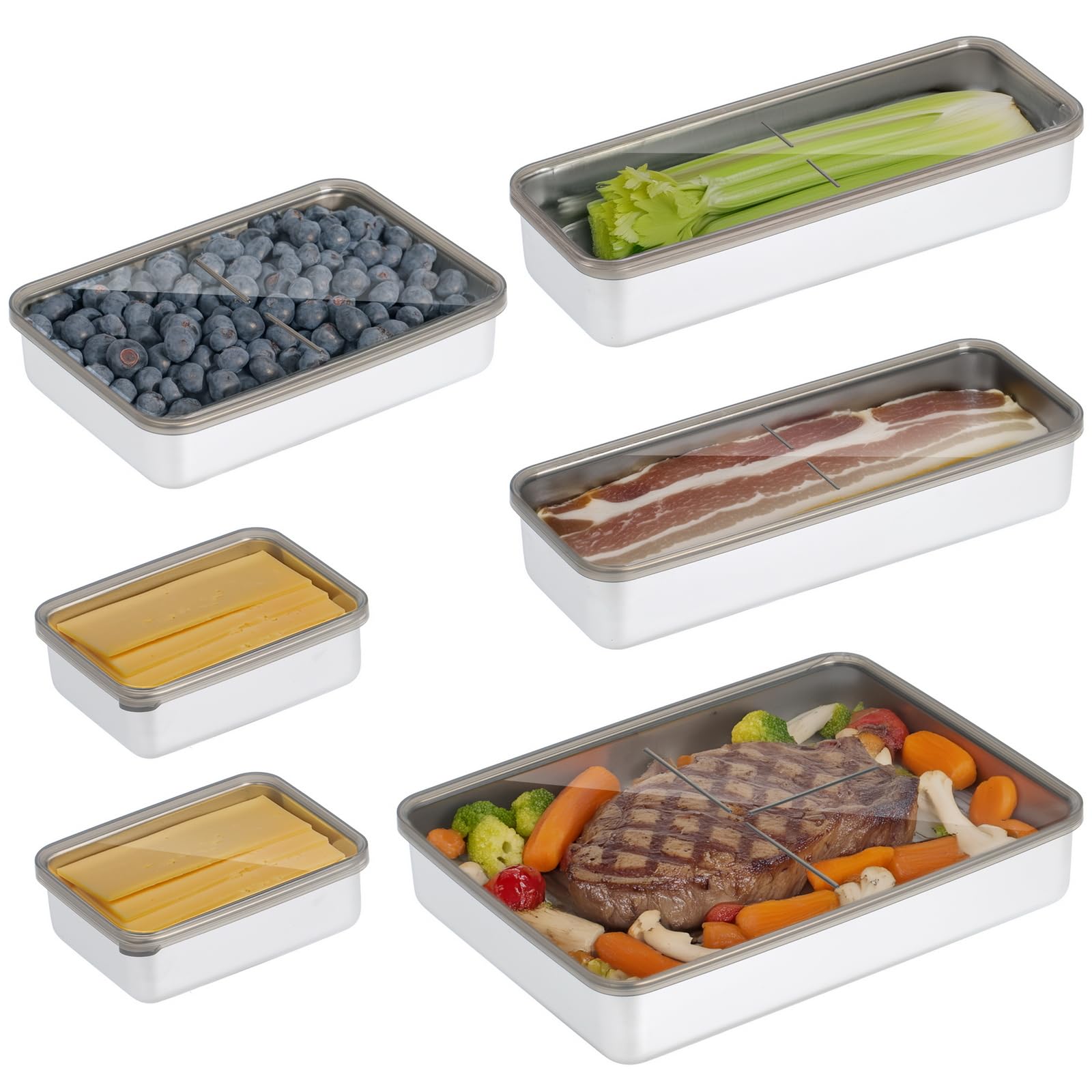 304 Stainless Steel Airtight Bacon & Cheese Storage Container Set - Multi-Size Refrigerator Organizer for Deli Meats, Leftovers & Food Prep | Perfect for Home Kitchen, Travel Lunch, Work Meal Prep & Party Snacks (6-Piece Set)