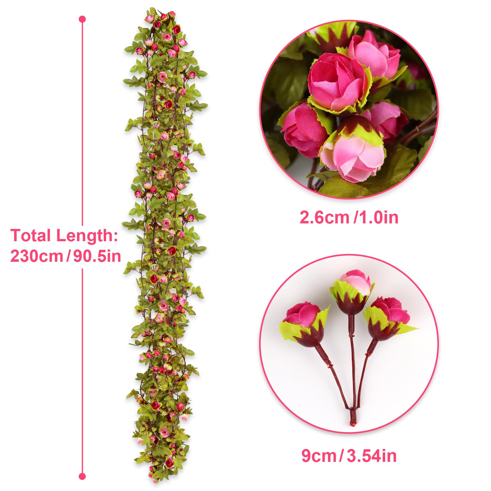 AirSun Artificial Rose Flower Garland - 2PCS 14.5FT Fake Vines with Rose Buds for Wedding, Home, Office & Party Decor | Perfect for Bedroom, Garden & Indoor Hanging Decorations