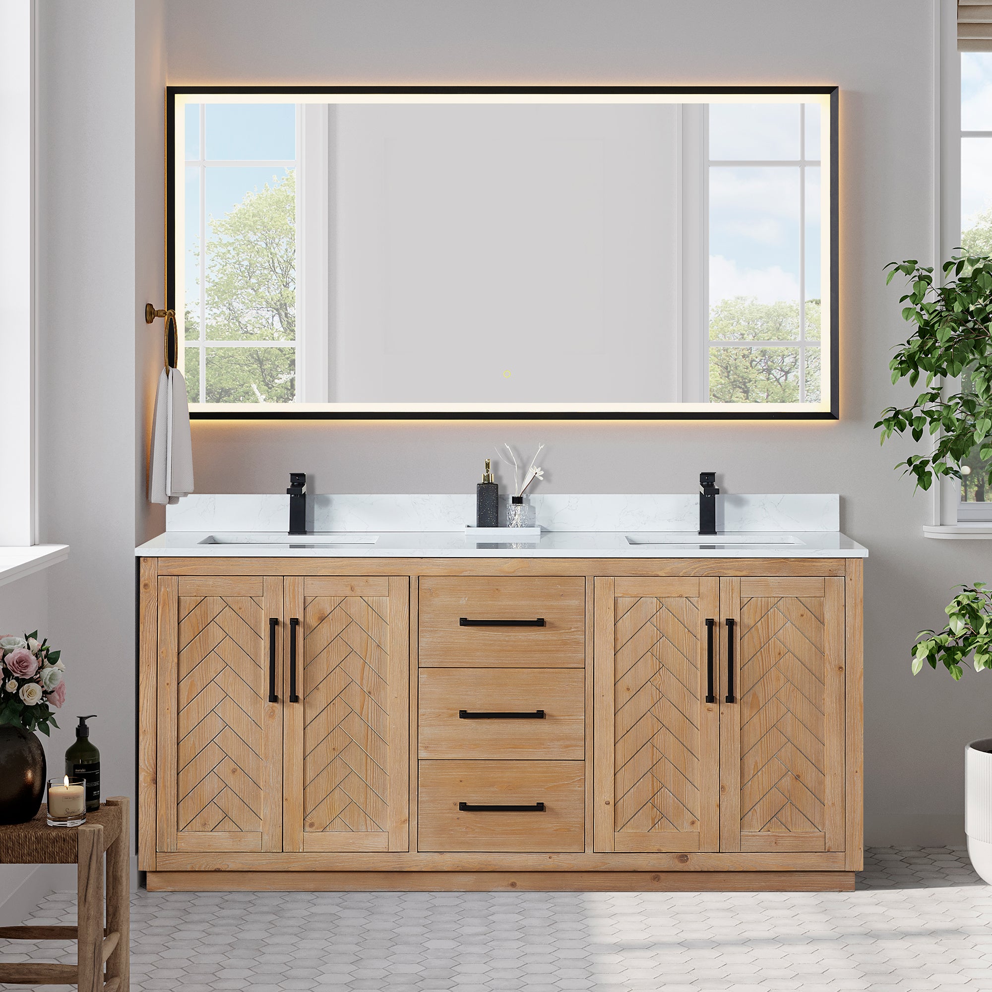 Anais 72 Inch Double Bathroom Vanity in Light Brown with Engineered Stone Countertop - Modern Bathroom Furniture for Master Bath & Guest Bath Renovation