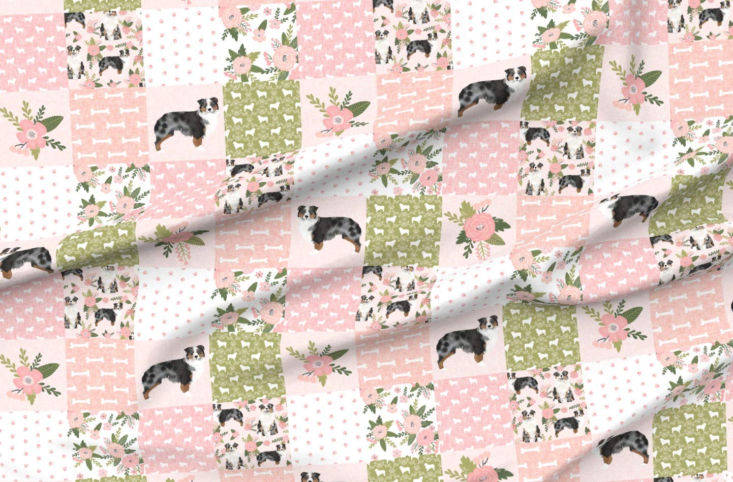 Australian Pet Quilt Blue Cheater Floral Shepherd Dogs Printed Fleece Fabric by The Yard - Soft Fleece Material for Sewing Blankets, DIY Loungewear & No-Sew Projects - Perfect for Dog Beds, Pet Blankets & Home Decor