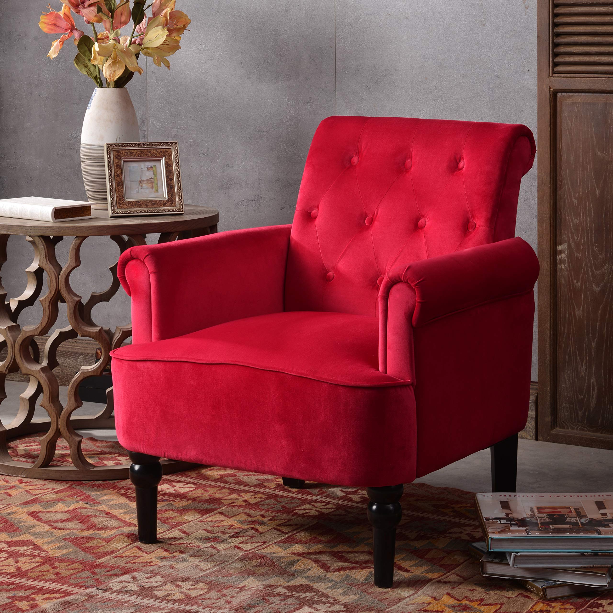 Mid Century Modern Accent Chair with Padded Seat & Button Tufted Design - Velvet Upholstered Armchair for Small Spaces - Perfect for Home Office, Living Room & Bedroom Decor (Deep Burgundy) - Cozy Reading Nook & Conversation Piece