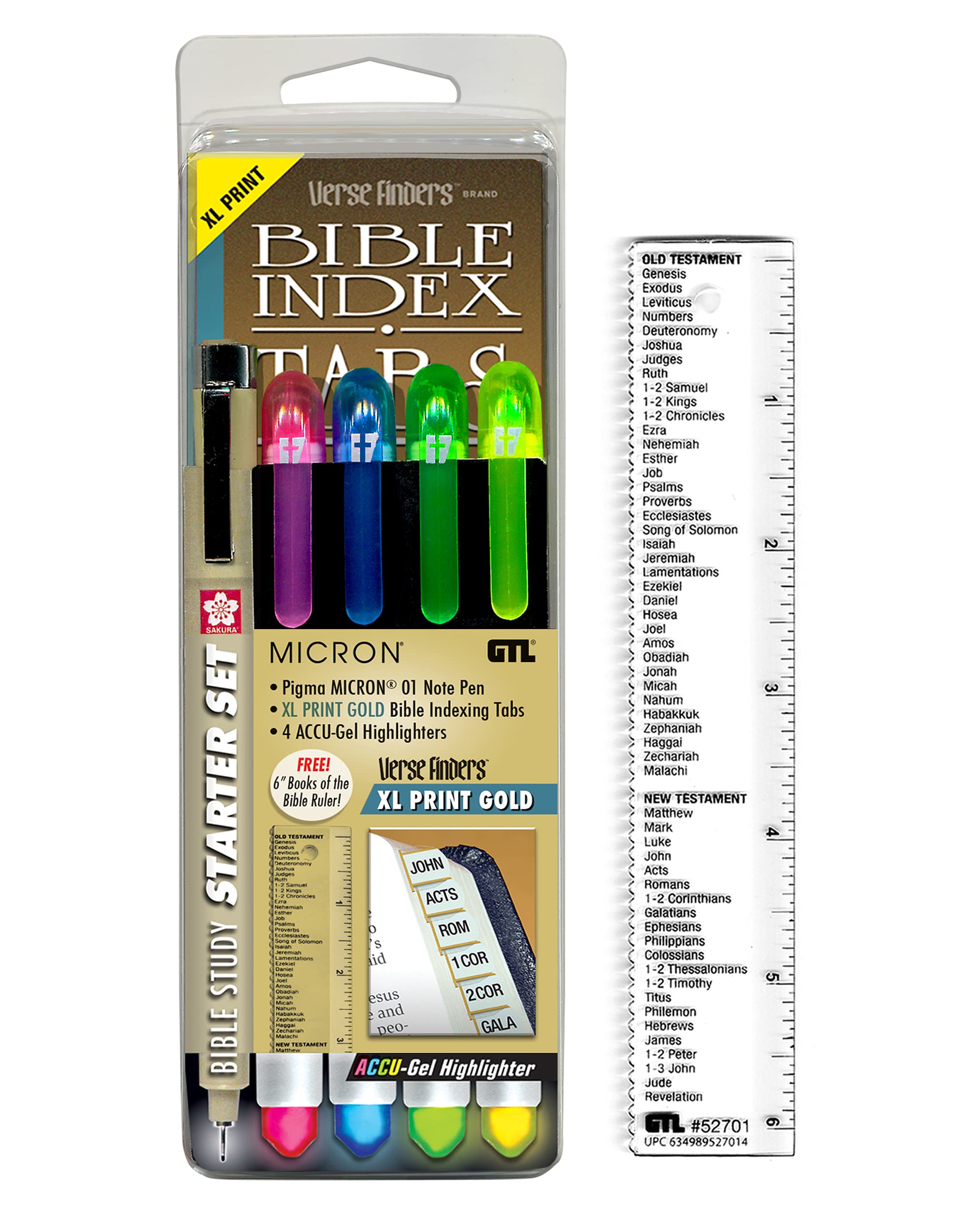 Accu-Gel Bible Highlighter & Pigma Micron Bible Study Starter Set - XL Print Gold Verse Finder Tabs, No Bleed Pigmented Ink & Gel Highlighter (01 Fine Point Black) for Scripture Marking, Bible Journaling, and Church Study Groups