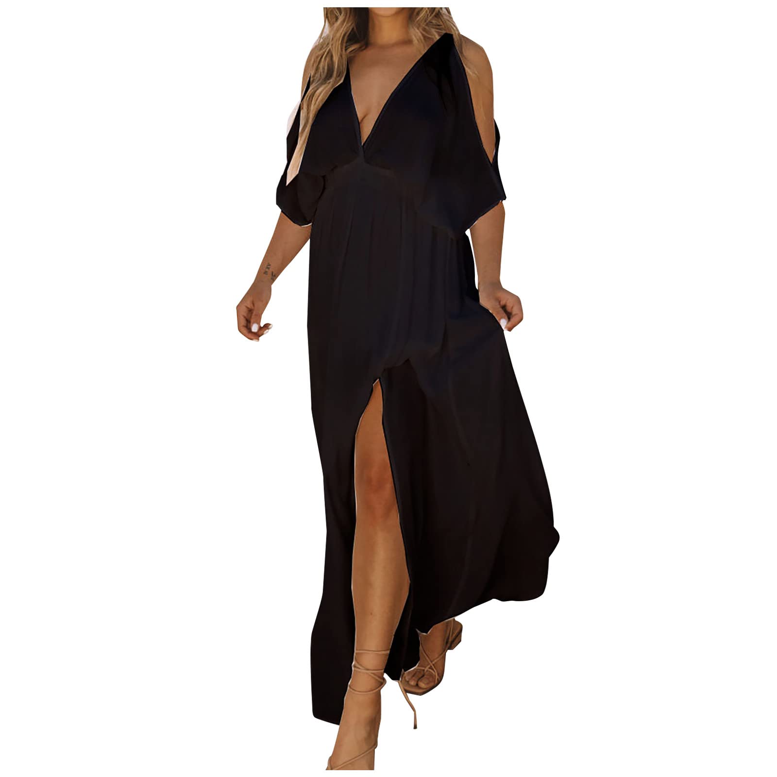 Ceimmol Women's Summer V-Neck Cold Shoulder Maxi Dress - Short Sleeve, Elastic High Waist, Side Slit Long Dress for Wedding Guest, Beach Party, Date Night & Special Occasions