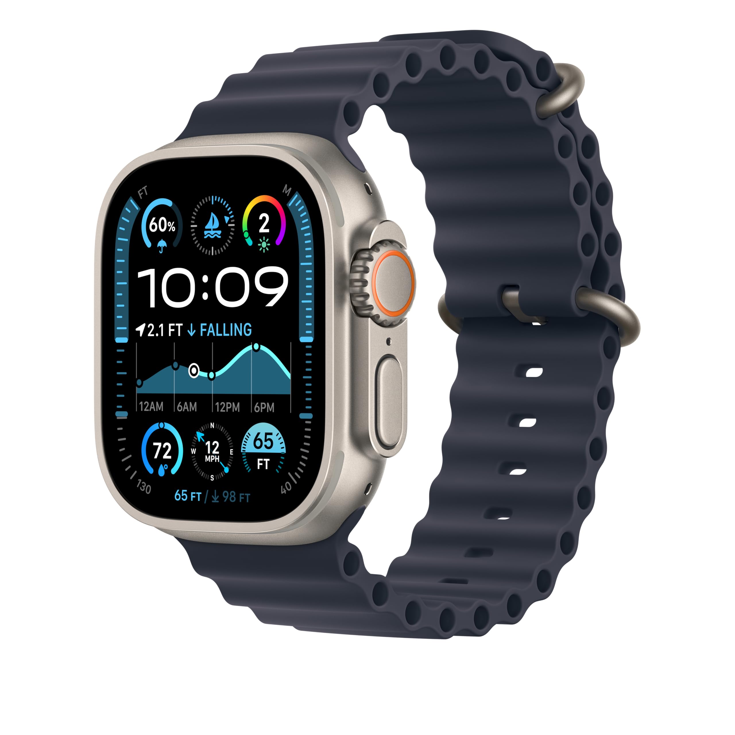 Apple Watch Band 49mm - Ocean Band for Apple Watch Ultra & Series 8/7/6/5/4/3/2/1 - Navy Blue Waterproof Silicone Strap with Titanium Finish - Perfect for Swimming, Surfing & Outdoor Activities