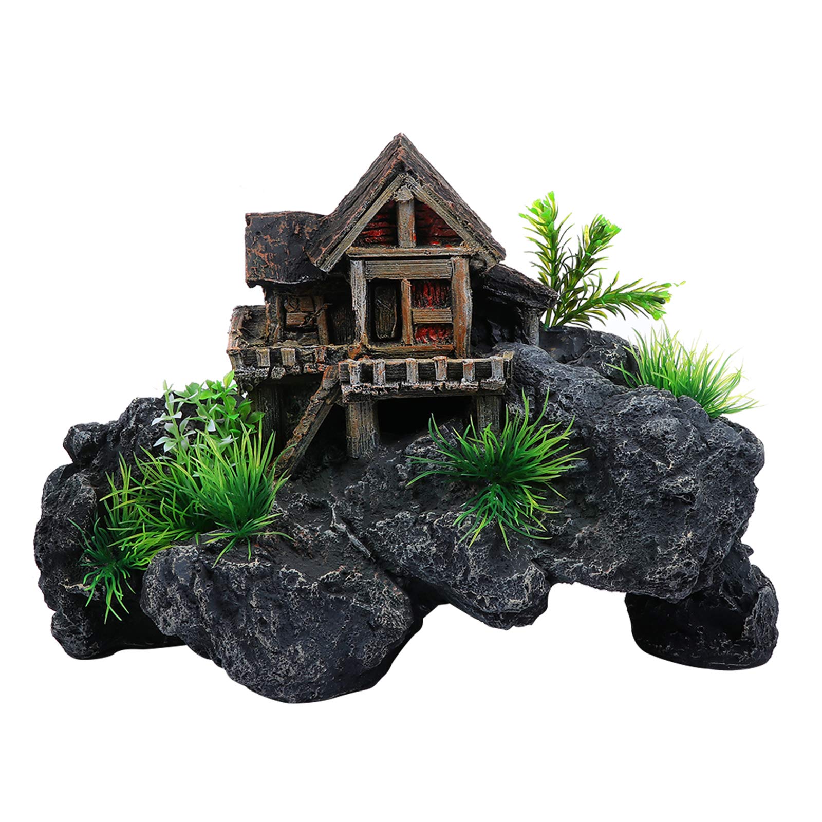 Baluue Fish Tank Tree House Decoration - Mountain Aquarium Ornament for Cichlid Hut & Fish Hiding Spots - Resin Aquarium Castle Decor for Fish Tank - Perfect for Freshwater & Tropical Fish Tanks