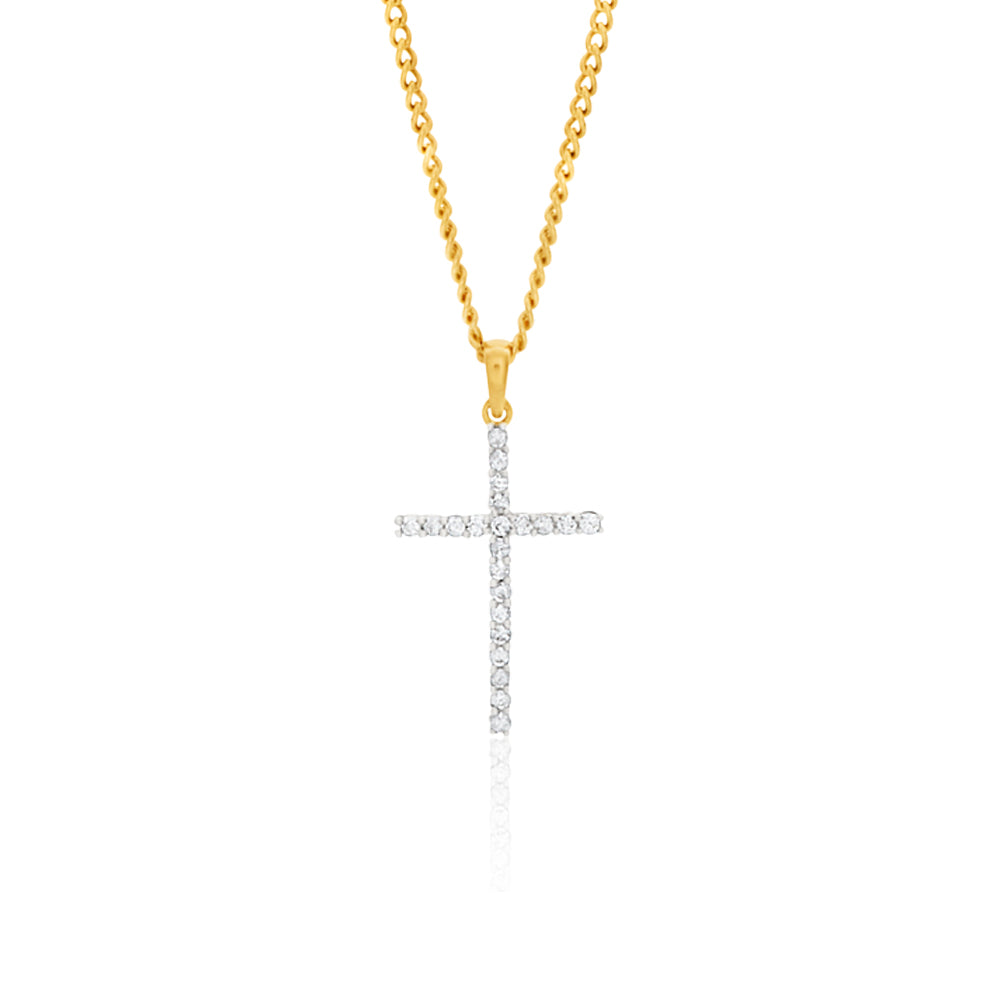 1/10 Carat Diamond Cross Pendant Necklace Set with 22 Brilliant Diamonds in 9K Yellow Gold - Elegant Religious Jewelry for Women, Perfect for Baptism, Confirmation & Everyday Wear
