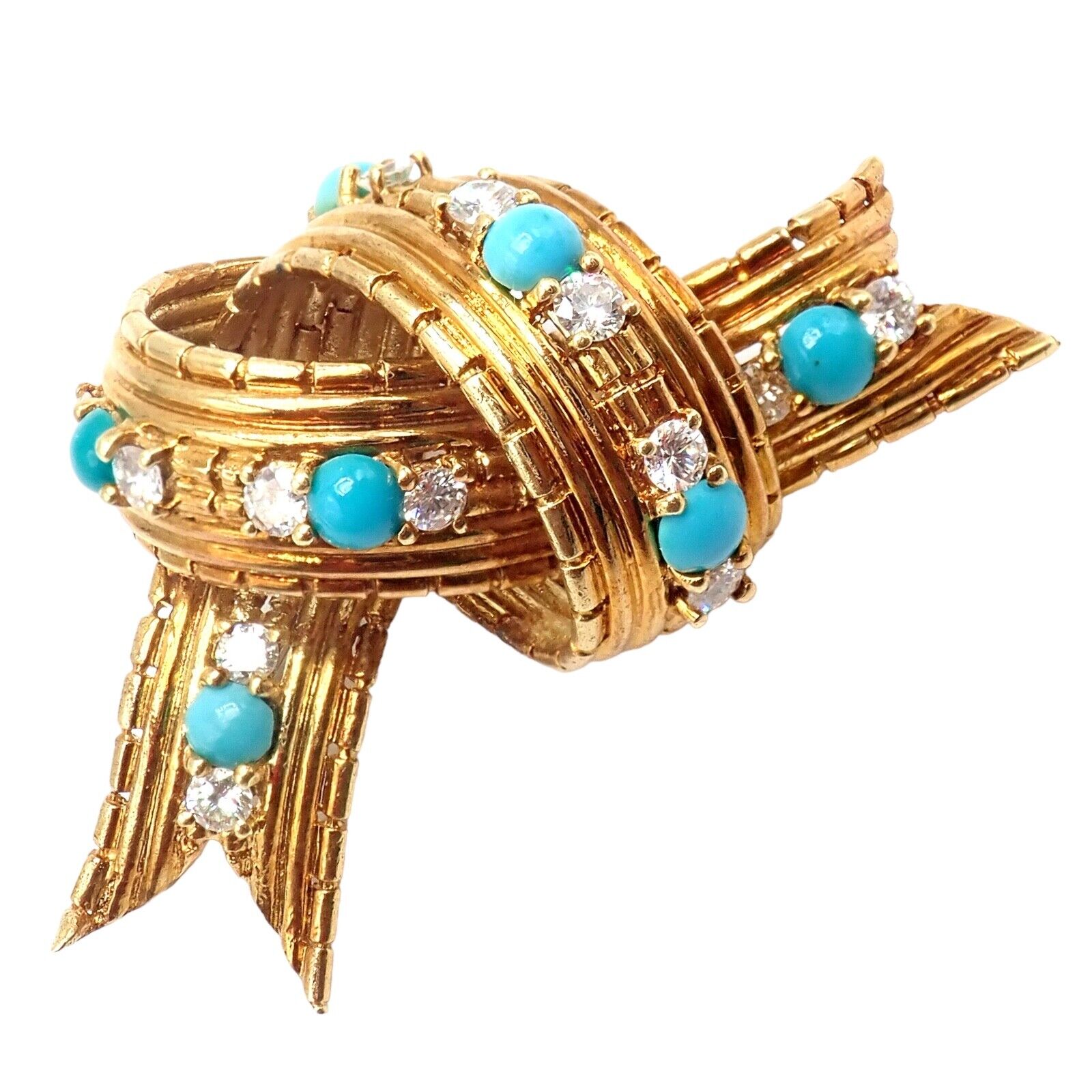 Vintage Tiffany & Co. 18k Yellow Gold Diamond Turquoise Bamboo Bow Pin Brooch - Elegant Jewelry for Women, Gift for Her, Perfect for Weddings, Parties & Special Occasions