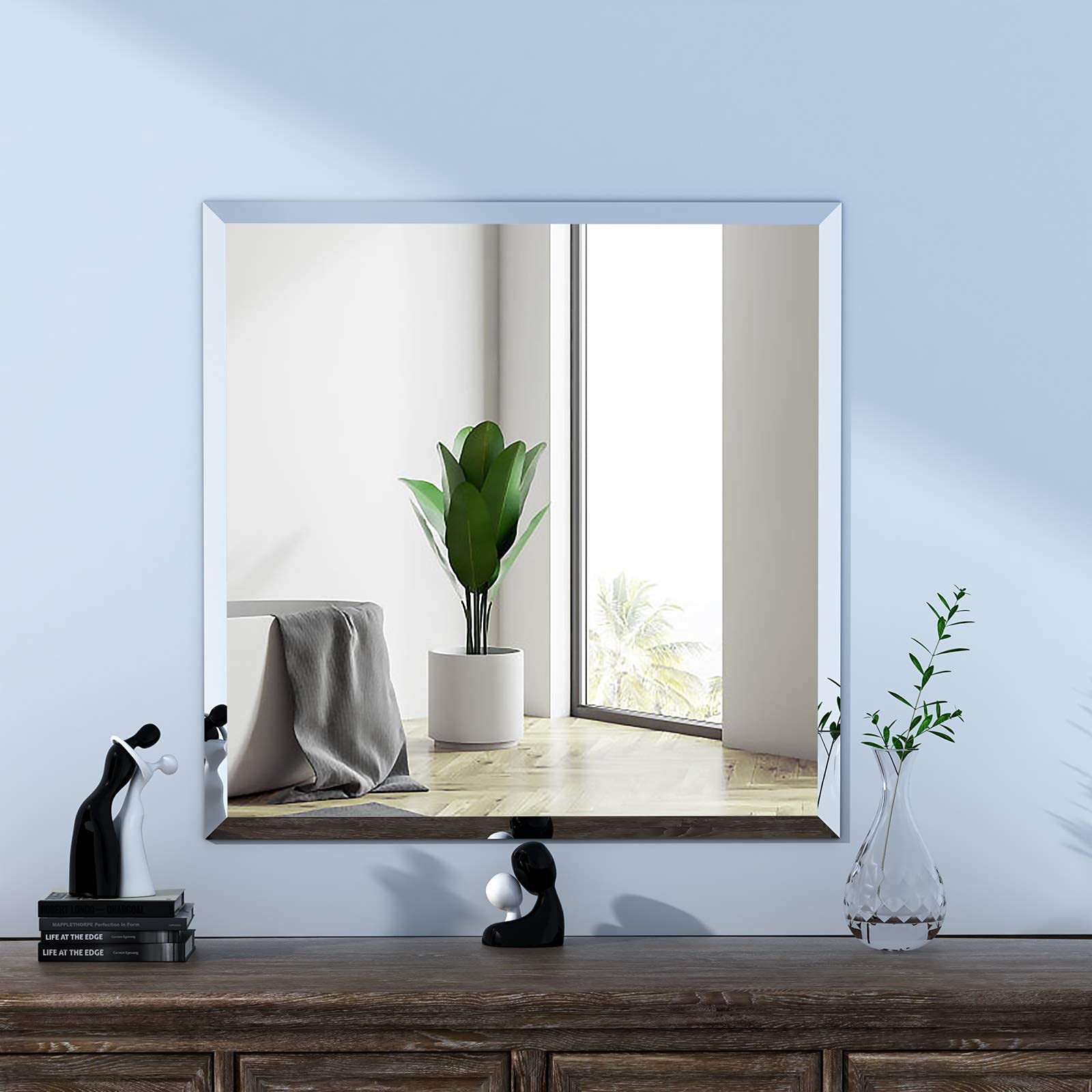 KOHROS 24x24 Inch Frameless Square Vanity Mirror - Anti-Rust Tempered Glass Bathroom Wall Mirror with Pencil Polished Edge, Horizontal or Vertical Mounting - Perfect for Makeup, Shaving & Home Decor