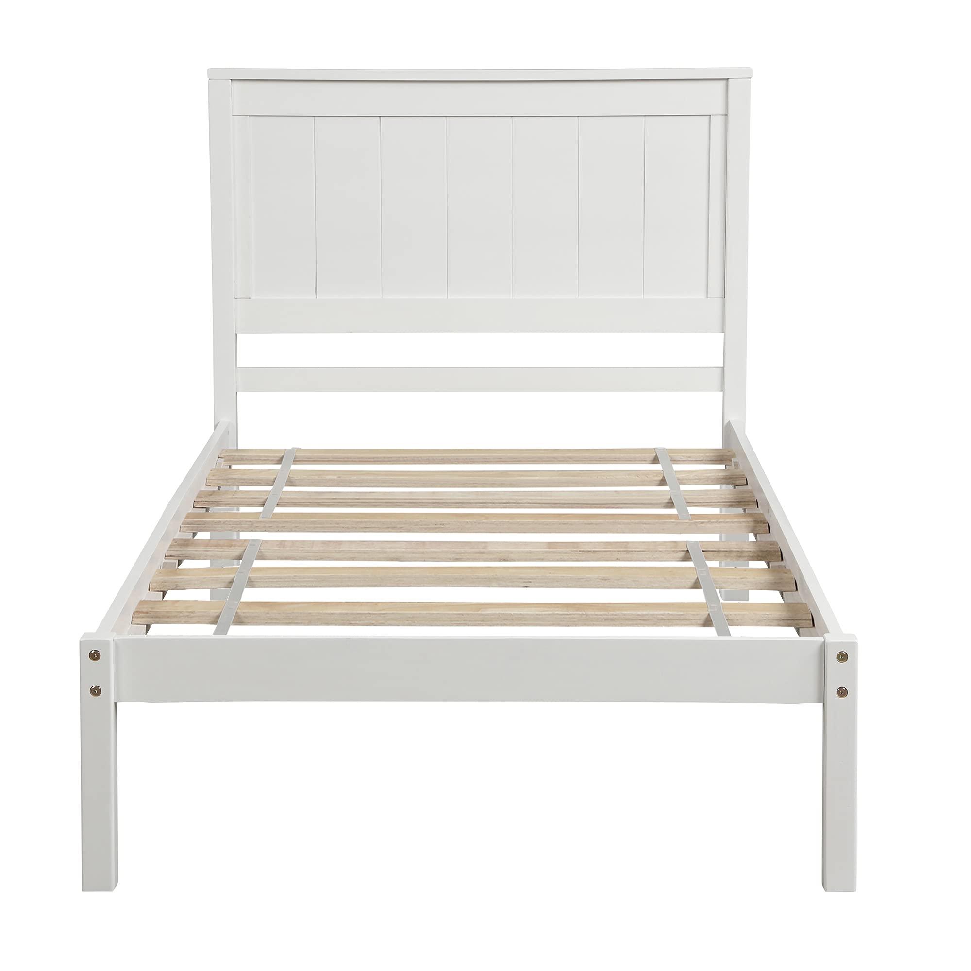 P PURLOVE Twin Size Wooden Platform Bed Frame with Headboard & Slat Support - No Box Spring Needed, White - Perfect for Small Bedrooms, Guest Rooms & Dormitories