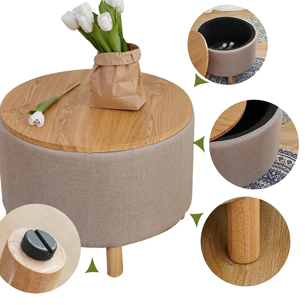 Modern Round Coffee Table with Storage - Solid Wood Legs, Removable Wooden Lid Tray - End Accent Table & Ottoman Side Table for Living Room, Bedroom, Office (Cream) | Perfect for Small Spaces, Coffee Lovers & Home Decor