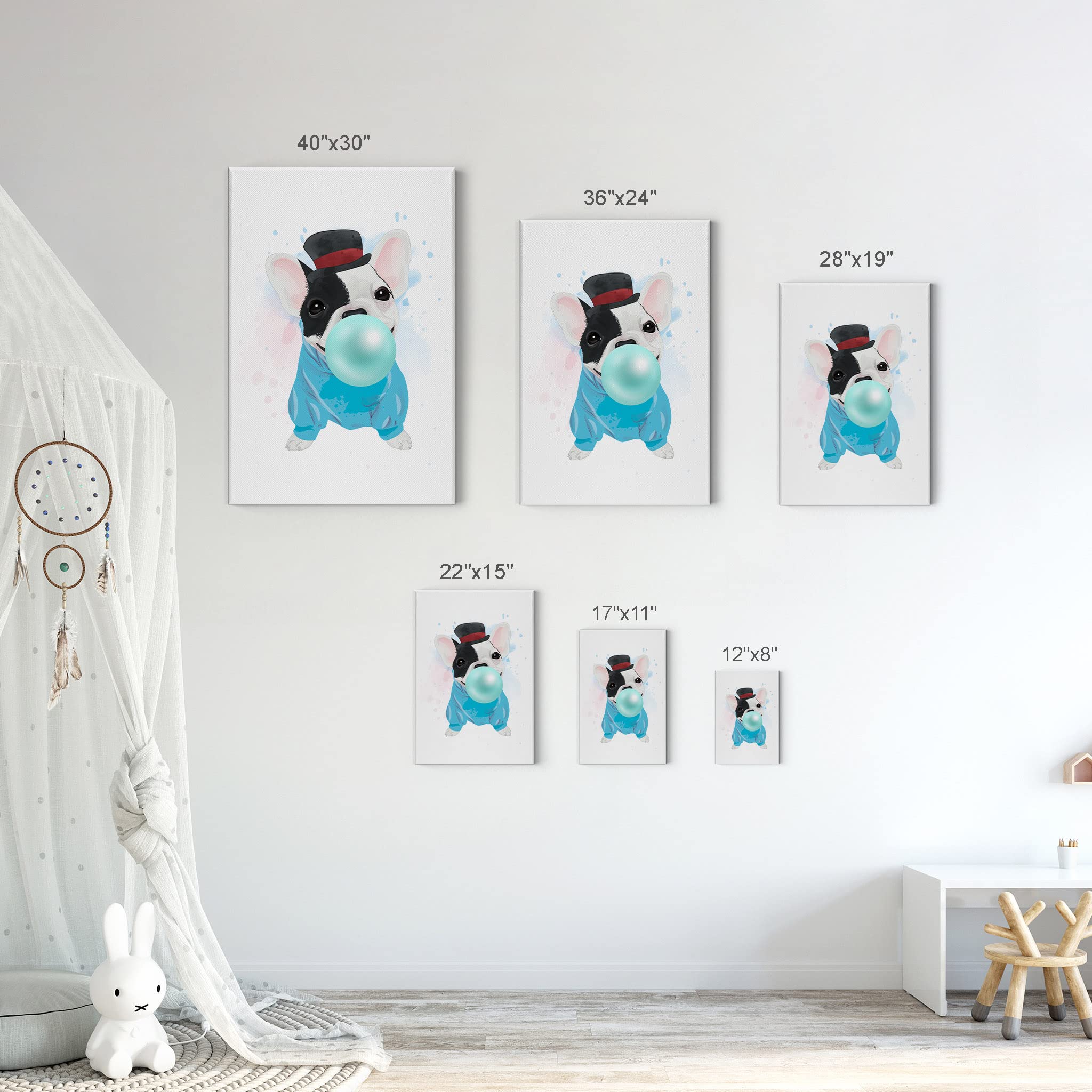 French Bulldog Portrait Sweatshirt & Hat Chewing Teal Blue Bubble Gum - Pet Lover Canvas Wall Art Print 12x8 - Perfect for Dog Themed Living Room, Bedroom, Nursery & Kids Room Decor