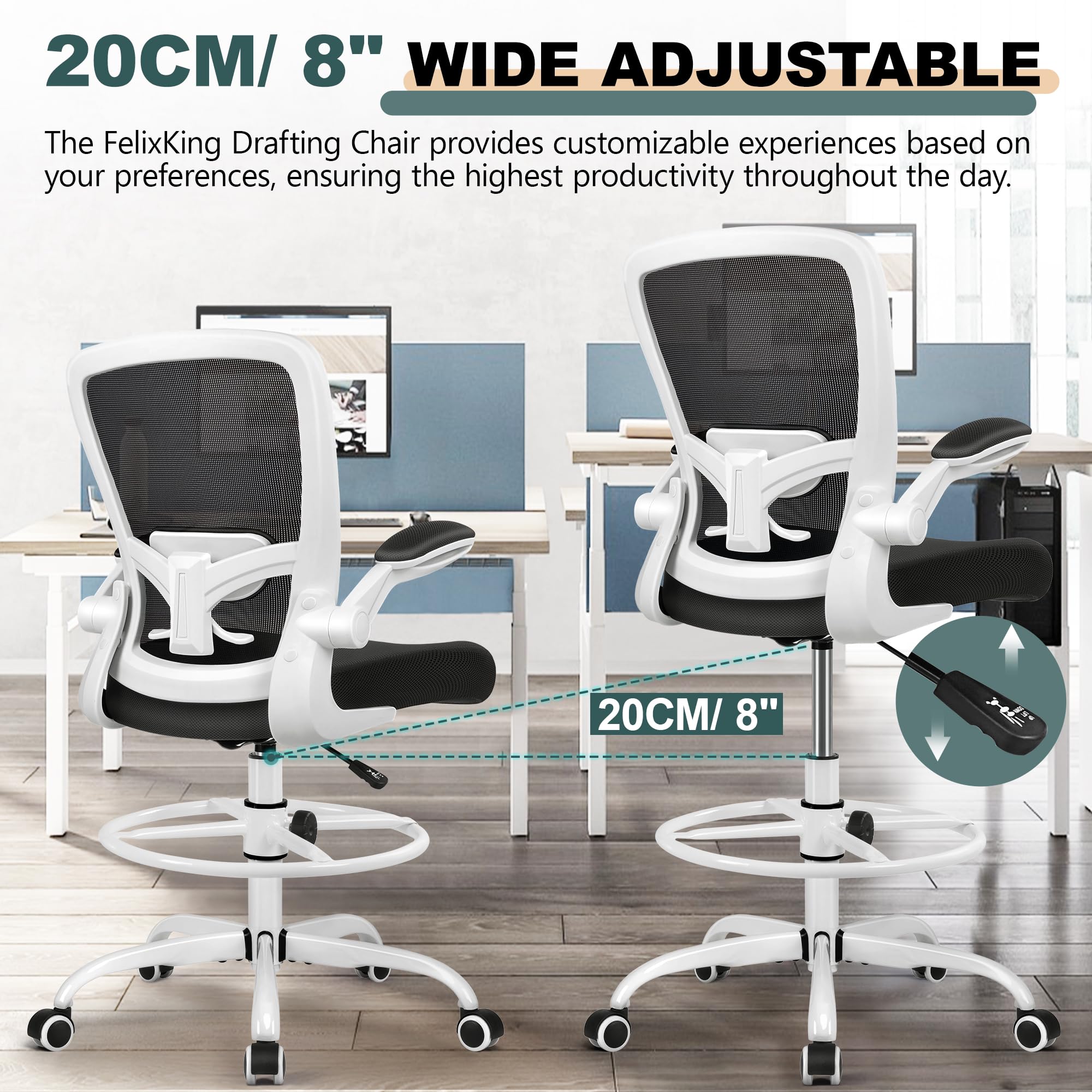 FelixKing Ergonomic Drafting Chair - Adjustable Mesh Office Chair with Lumbar Support, Footrest & Flip-Up Armrests - High Back Executive Desk Chair for Home Office, Gaming & Computer Work