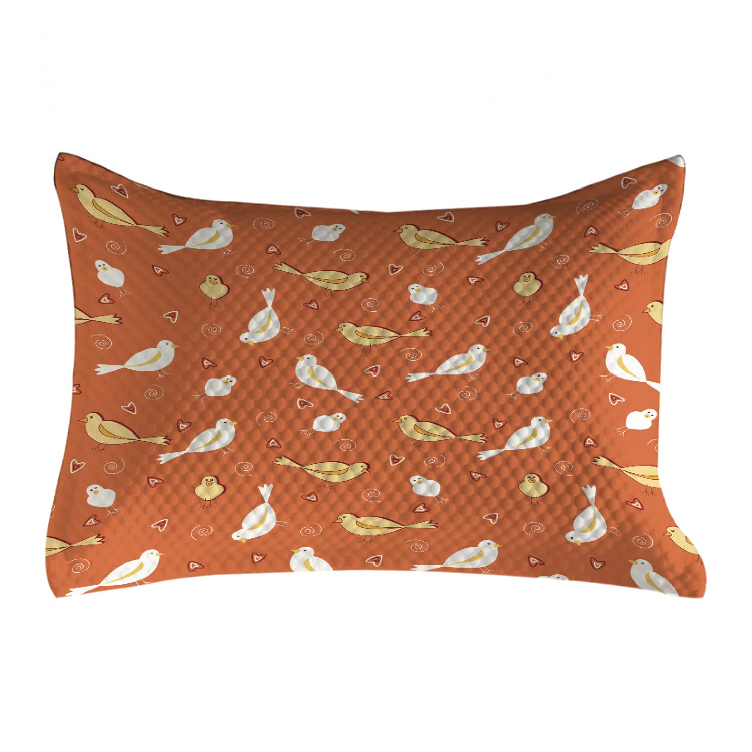 Ambesonne Orange Quilted Pillow Cover - Vintage Bird & Heart Design on Burnt Orange Backdrop, Standard Queen Size 30x20 Inch Decorative Pillow Case for Bedroom Sofa Living Room, Orange Yellow White Home Decor