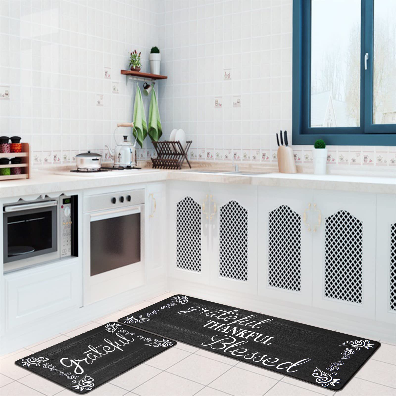 HEBE Anti-Fatigue Kitchen Mat Set of 2 - Non-Slip Cushioned Floor Mats, Waterproof Standing Desk Mat for Farmhouse, Office & Laundry - Perfect for Sink Areas, Cooking & Long Standing Work