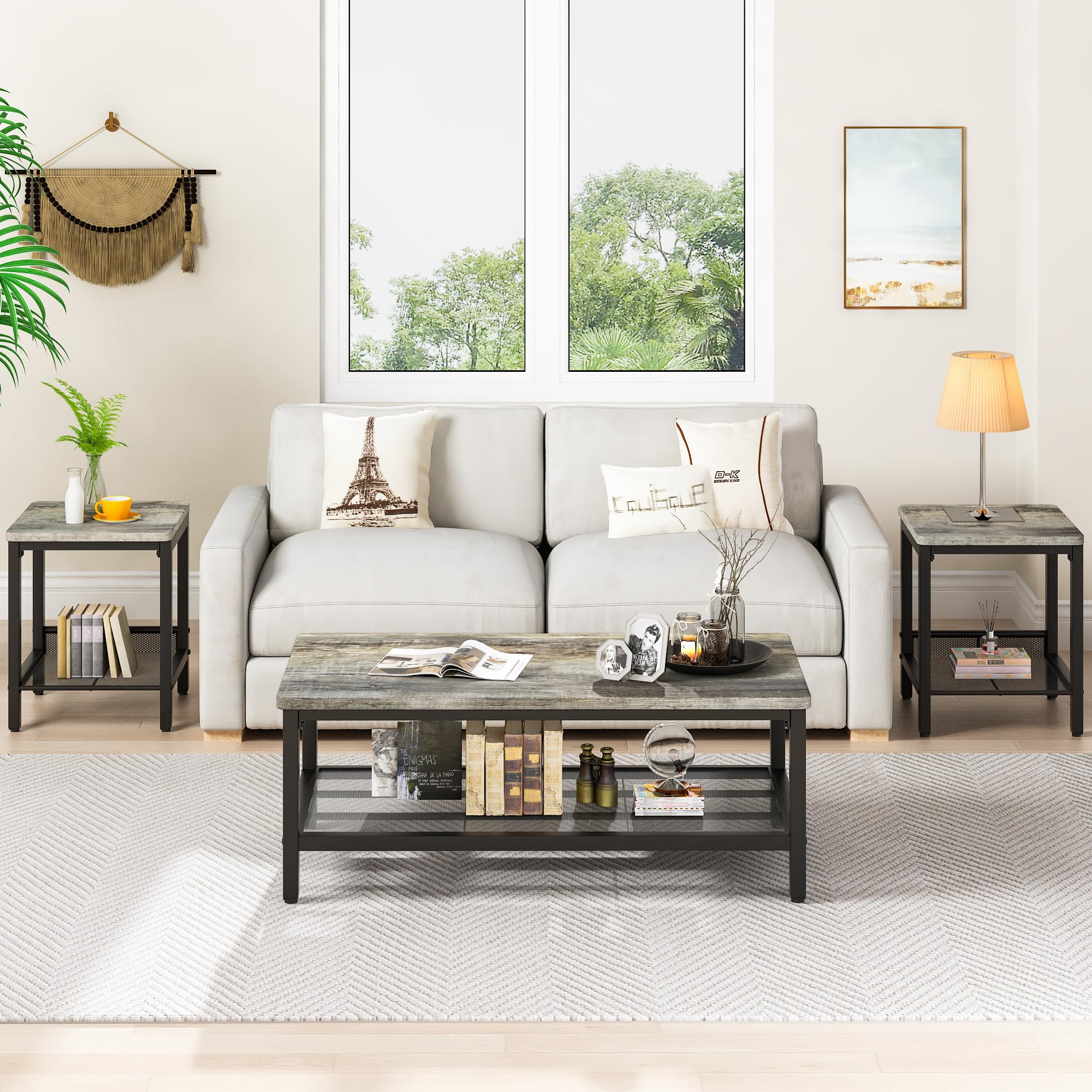 AWQM 3-Piece Industrial Coffee Table Set with 2 Square End Tables - Modern Metal Frame Living Room Furniture for Apartment & Home Office - Grey - Perfect for Small Spaces, Entertaining Guests & Cozy Nights