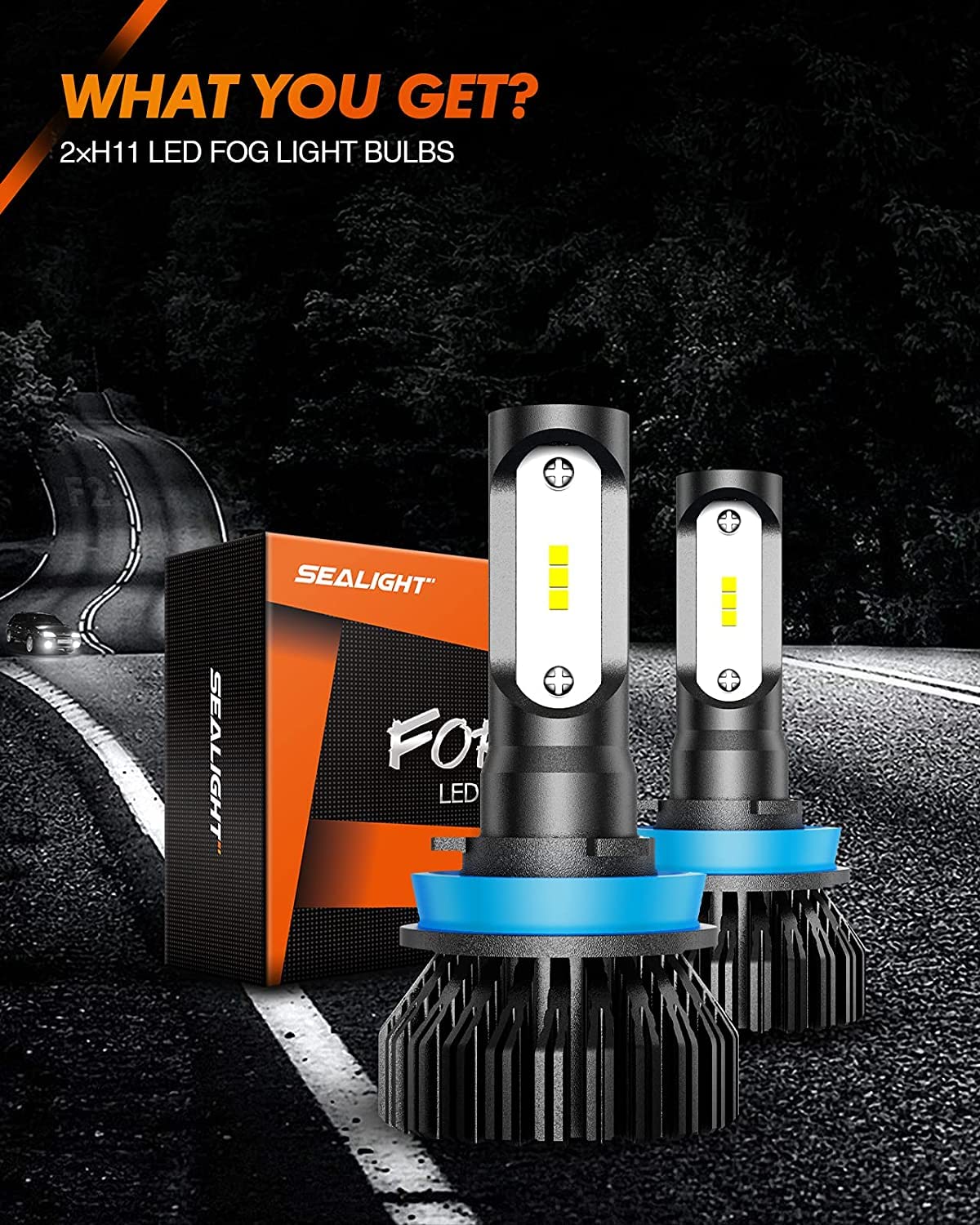 SEALIGHT H11 H8 LED Fog Light Bulbs - 6500K Xenon White, 600% Brighter, H9 H16 H8 H11 Compatible - Wide Angle Design, 300m+ Lighting Range - Plug & Play Installation (2-Pack) - Perfect for Night Driving & Foggy Conditions